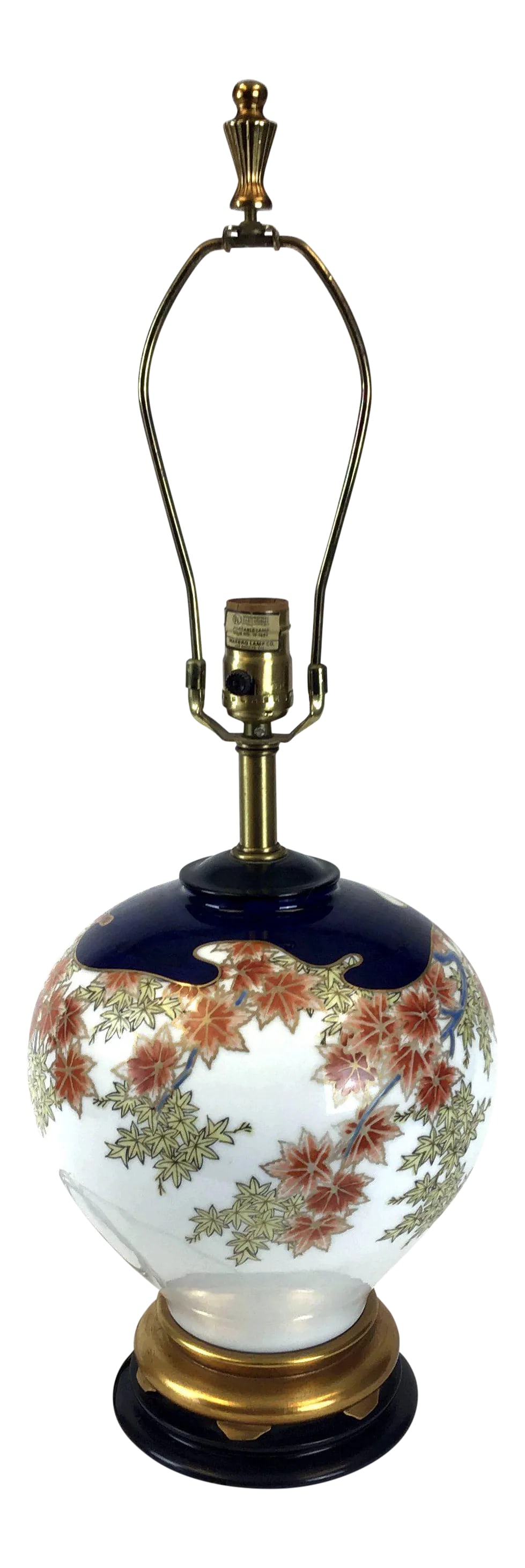 Marbro Japanese Style Porcelain Lamp: Beautiful design on this Marbro lamp. Japanese motif with gold details and complete with harp and matching finial. No loose parts on this beauty. Priced to sell. Condition: Alterations: Original