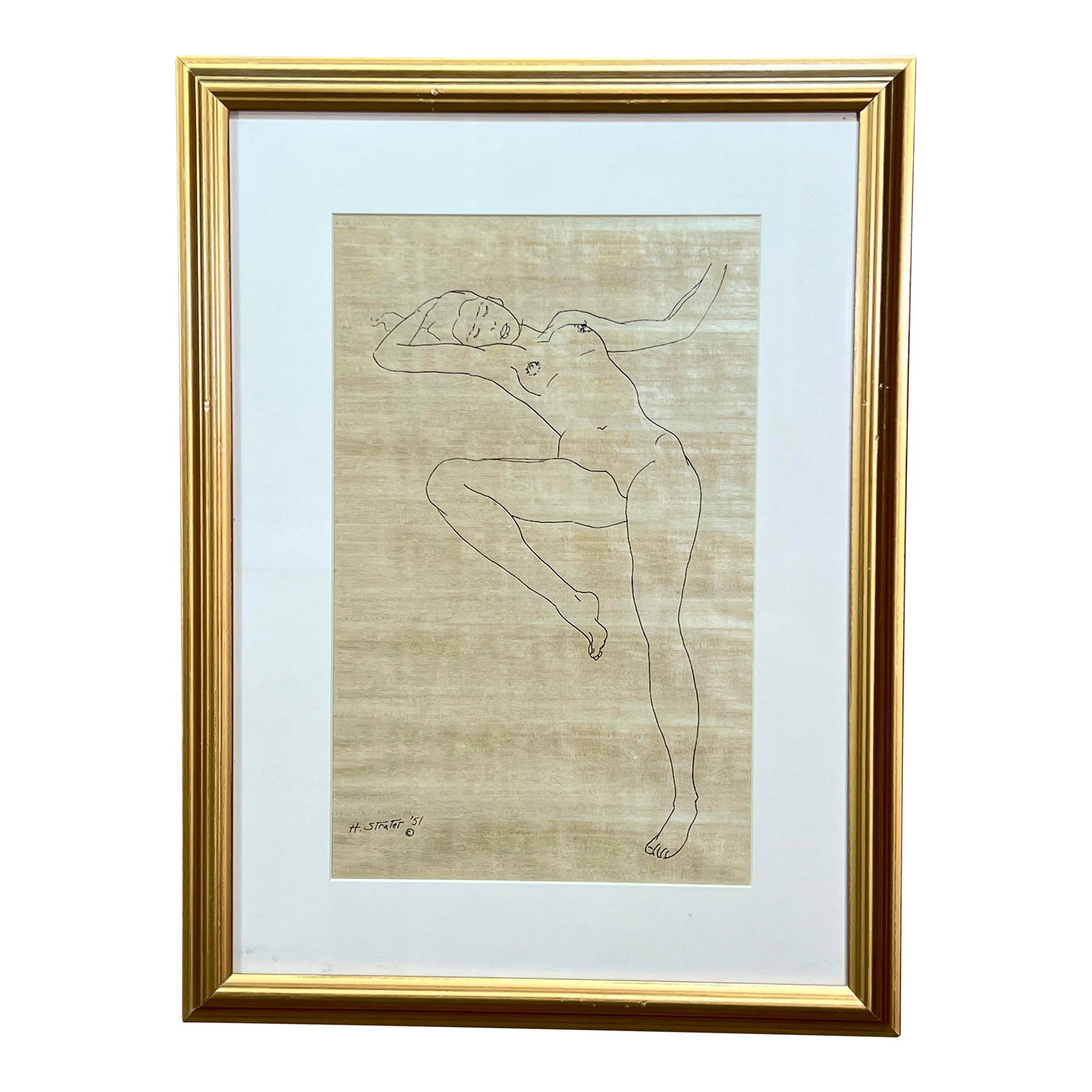 Vintage C.1950's Henry Strater American B&w Nude Lithograph: Fabulous dated 1951 original lithograph by the famed American artist, Henry Strater, depicting a reclining nude. This is a wonderful example of his work, well matted and framed, from a 1958 Portfolio 