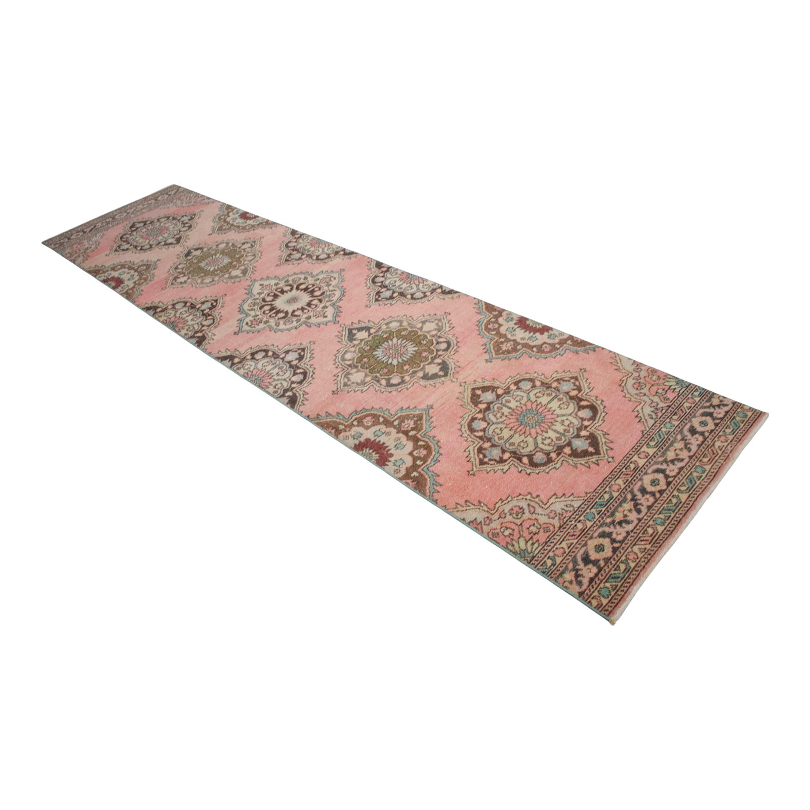 Distressed Oushak Runner Rug Faded Colors Low Pile Hallway Decor - 3'2"³x 12'4"³: Vintage 1960s distressed Turkish Oushak rug runner. with bizzare field and shades of green, sky blue and brown throughout. Distressed Turkish Oushak rug runner with a geometric motif and large design