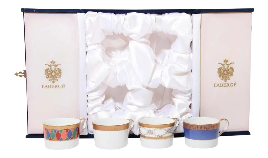 FabergeÃƒÃ… Porcelain Tea, Coffee Cups Set of Four in a Velvet Case: Fine porcelain set of four Fabergé original porcelain coffee or tea cups, service for four. Enjoy the start to your day with the classical sophistication only from Faberge. These stylish cups