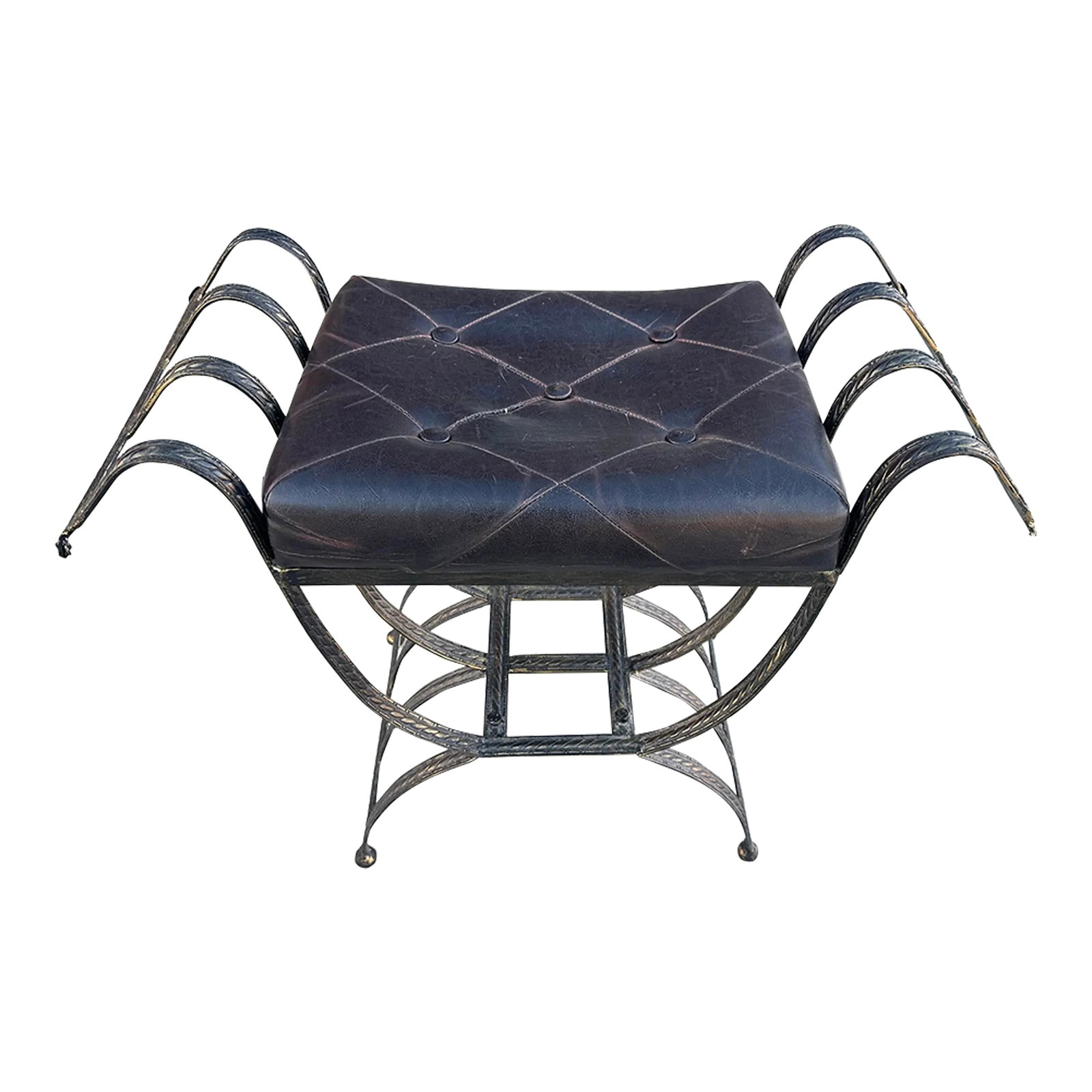 Vintage Small Leather/Iron Bench W/Tassels (1 of 9)