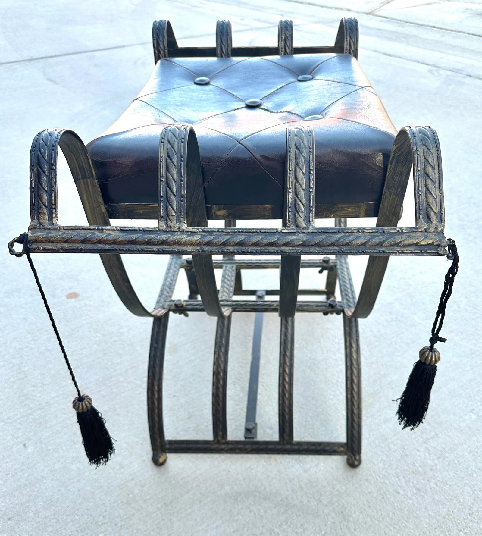 Vintage Small Leather/Iron Bench W/Tassels - 2