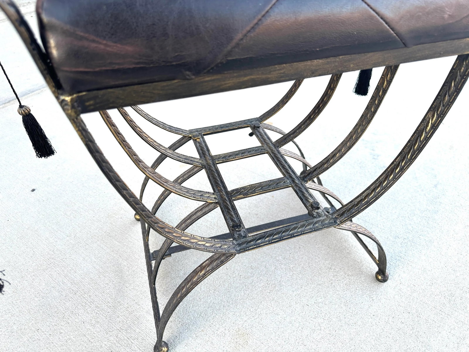 Vintage Small Leather/Iron Bench W/Tassels - 3