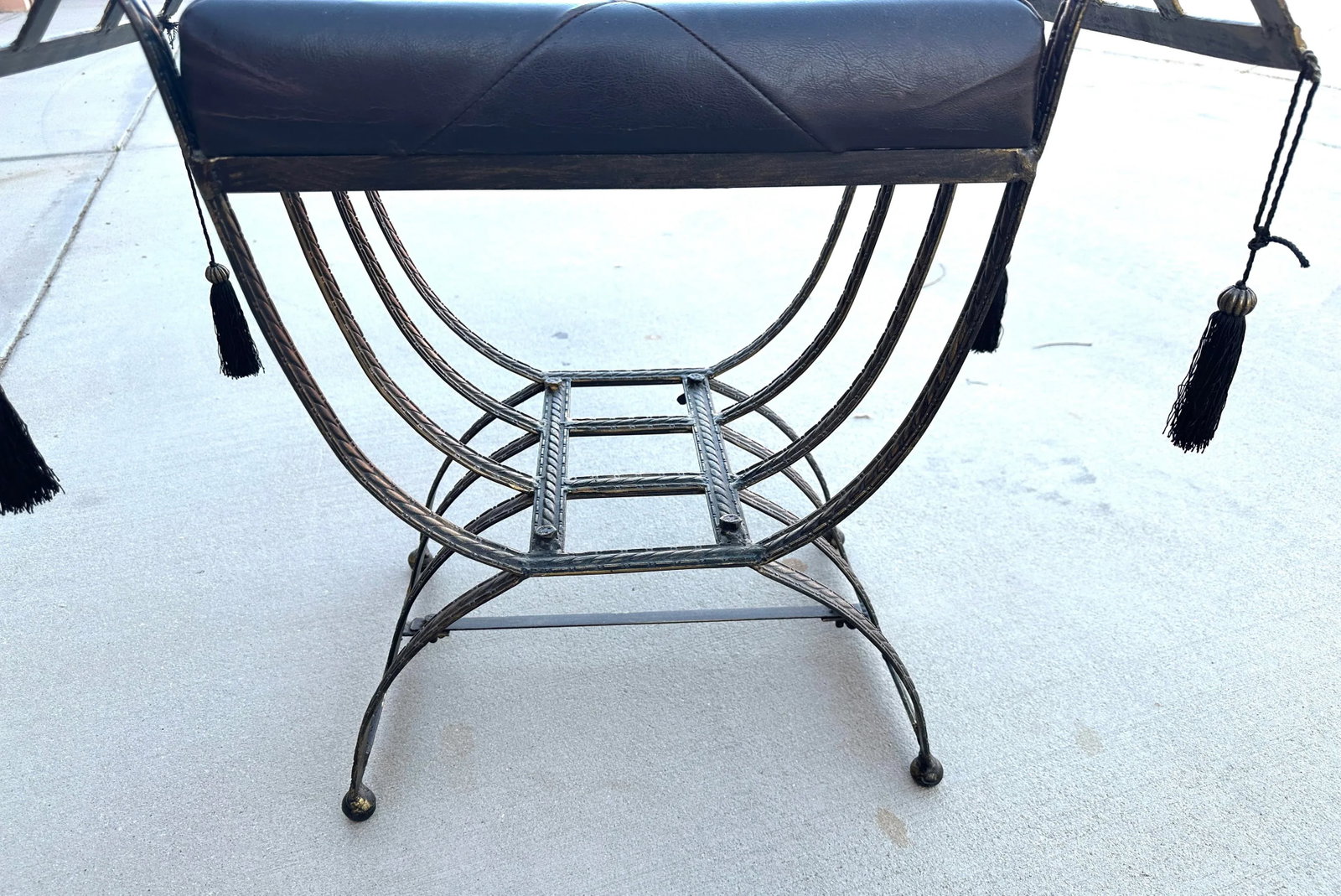 Vintage Small Leather/Iron Bench W/Tassels - 4