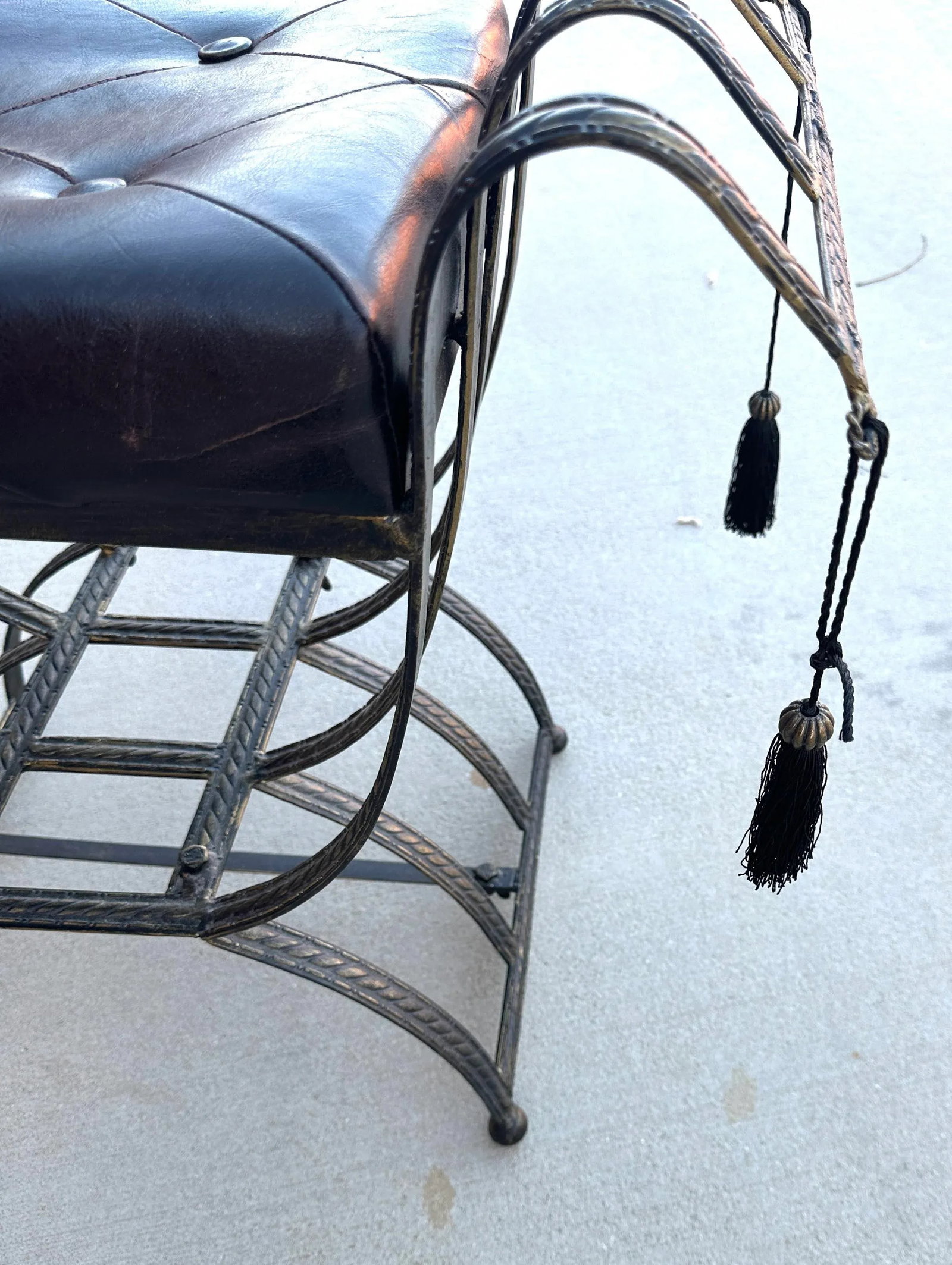 Vintage Small Leather/Iron Bench W/Tassels - 5