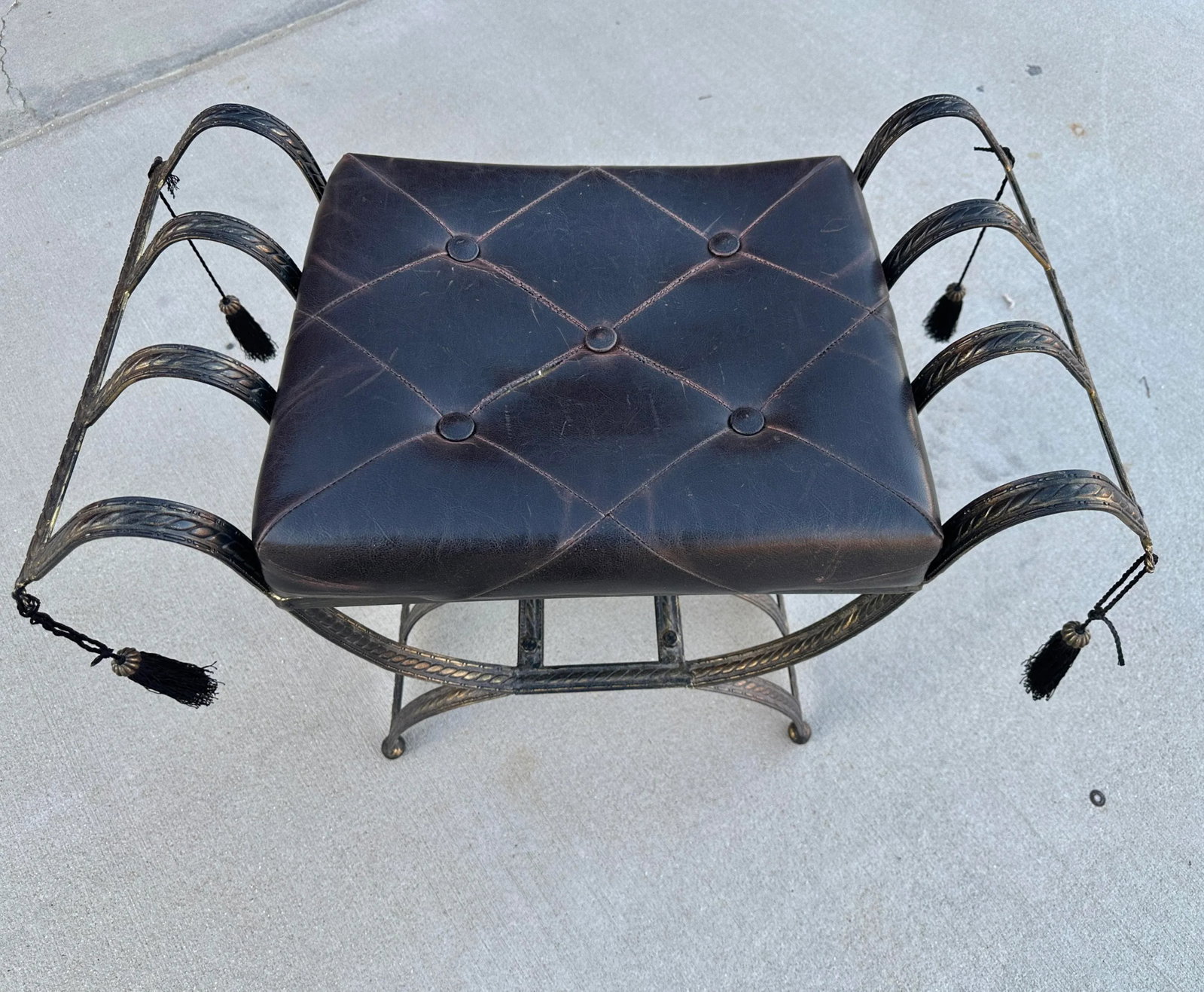 Vintage Small Leather/Iron Bench W/Tassels - 6