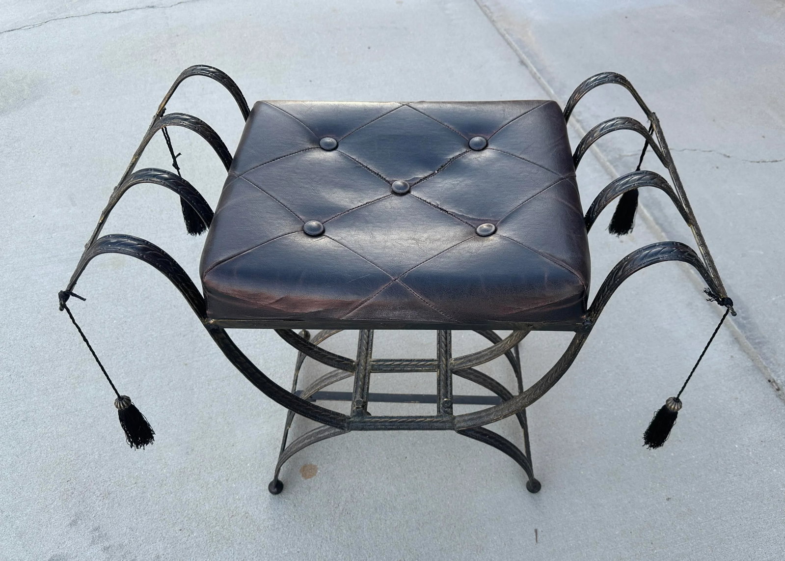 Vintage Small Leather/Iron Bench W/Tassels - 7