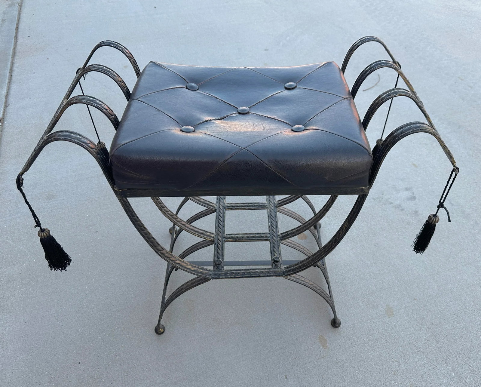 Vintage Small Leather/Iron Bench W/Tassels - 8