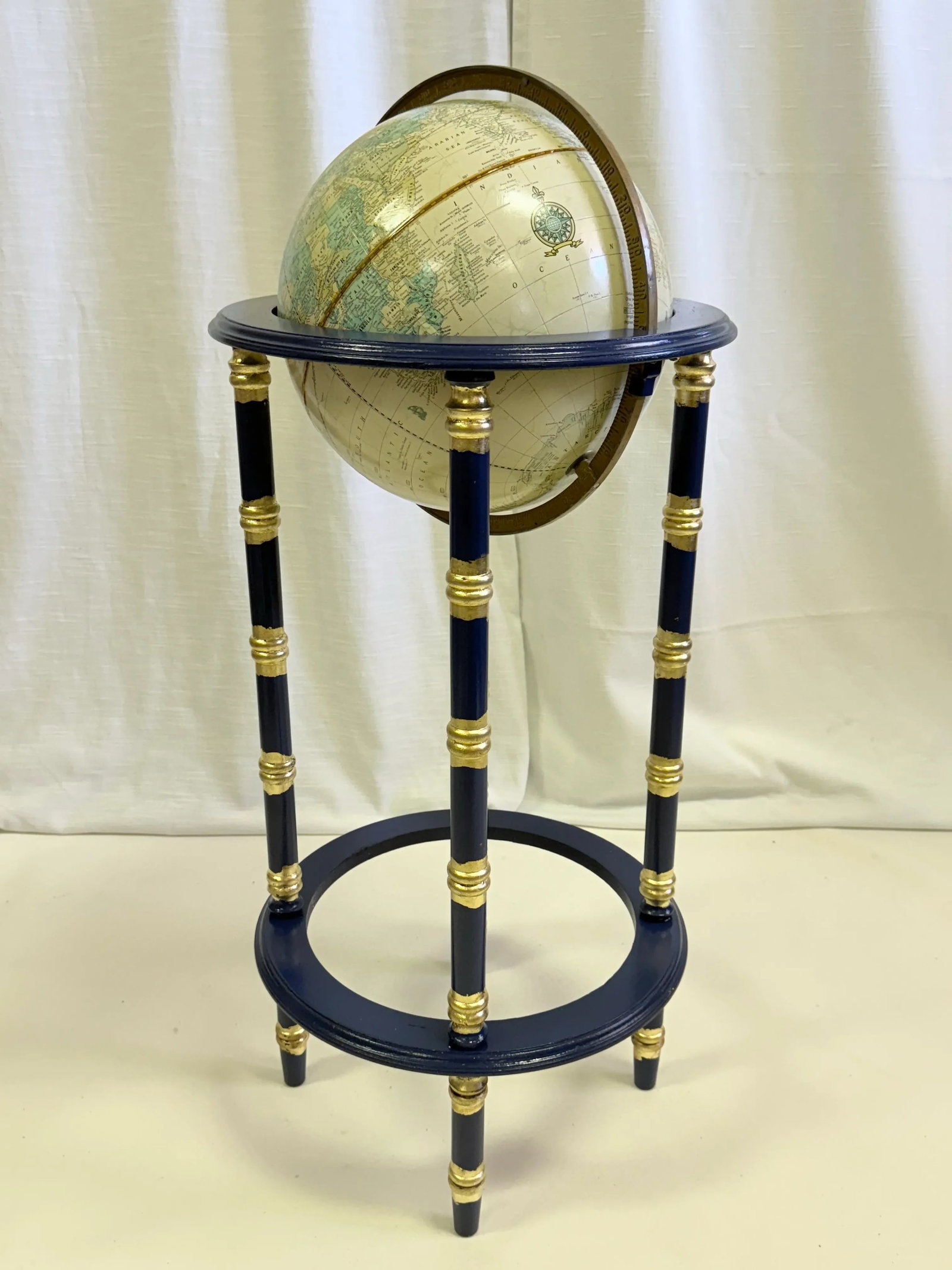 Vintage George F Cram's Imperial World Globe on Ink Blue Faux Bamboo Stand With Parcel Gilt Accents - 2