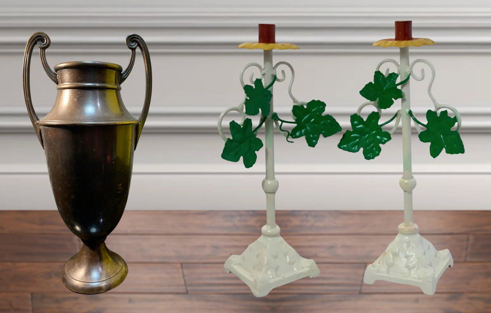Vintage Tole Iron Candle Sticks and Bronze Urn - Set of 3 - 5
