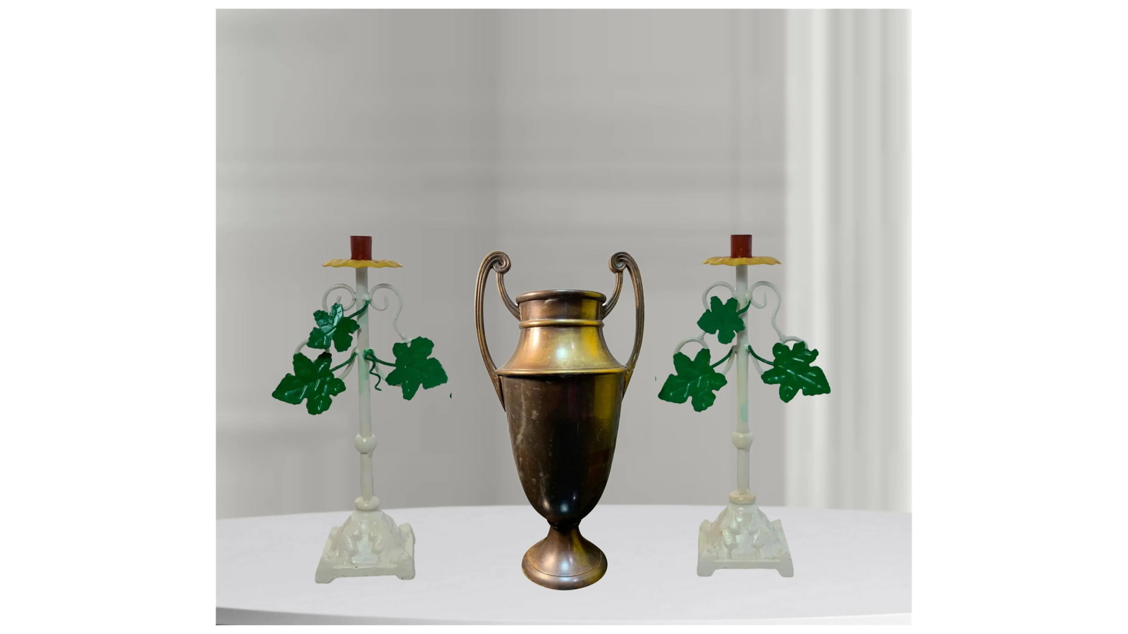 Vintage Tole Iron Candle Sticks and Bronze Urn - Set of 3 - 9