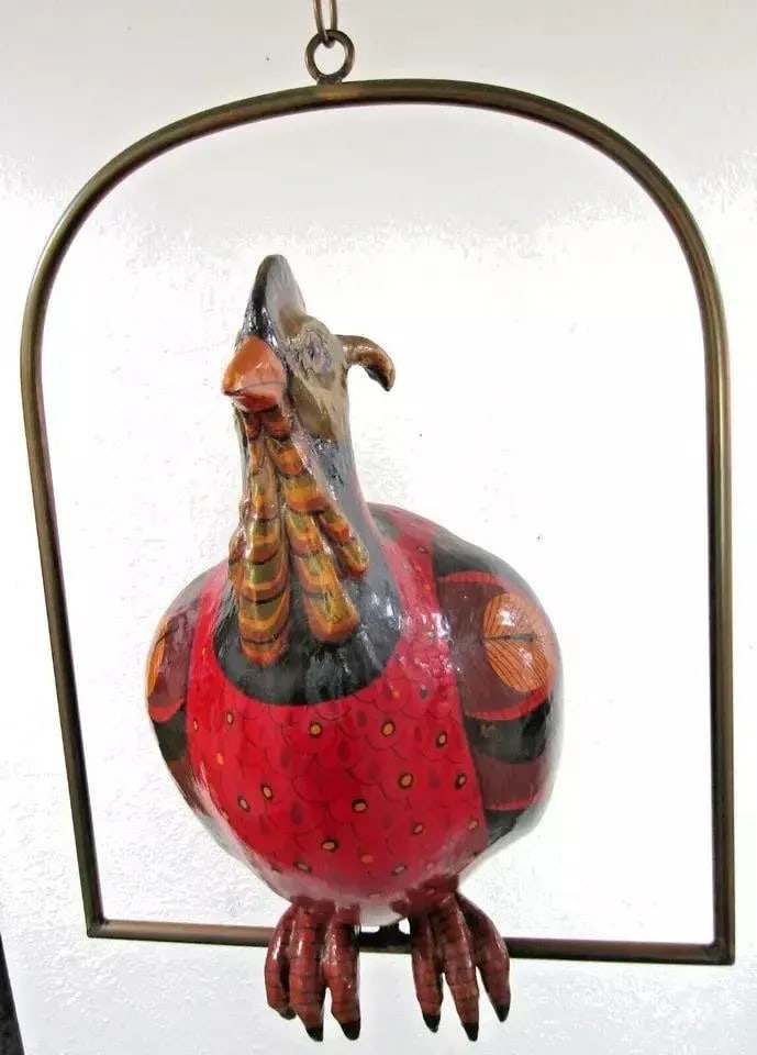 1970s Vintage Sculpture Large Paper Mache Bird on Hanging Brass Perch Attributed to Sergio Bustamant - 3