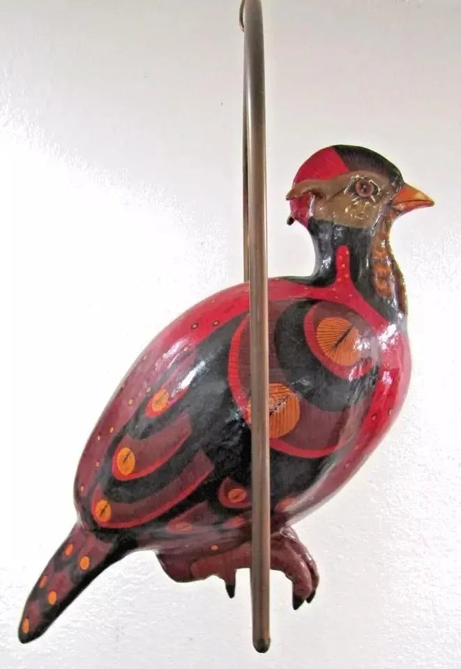 1970s Vintage Sculpture Large Paper Mache Bird on Hanging Brass Perch Attributed to Sergio Bustamant - 4