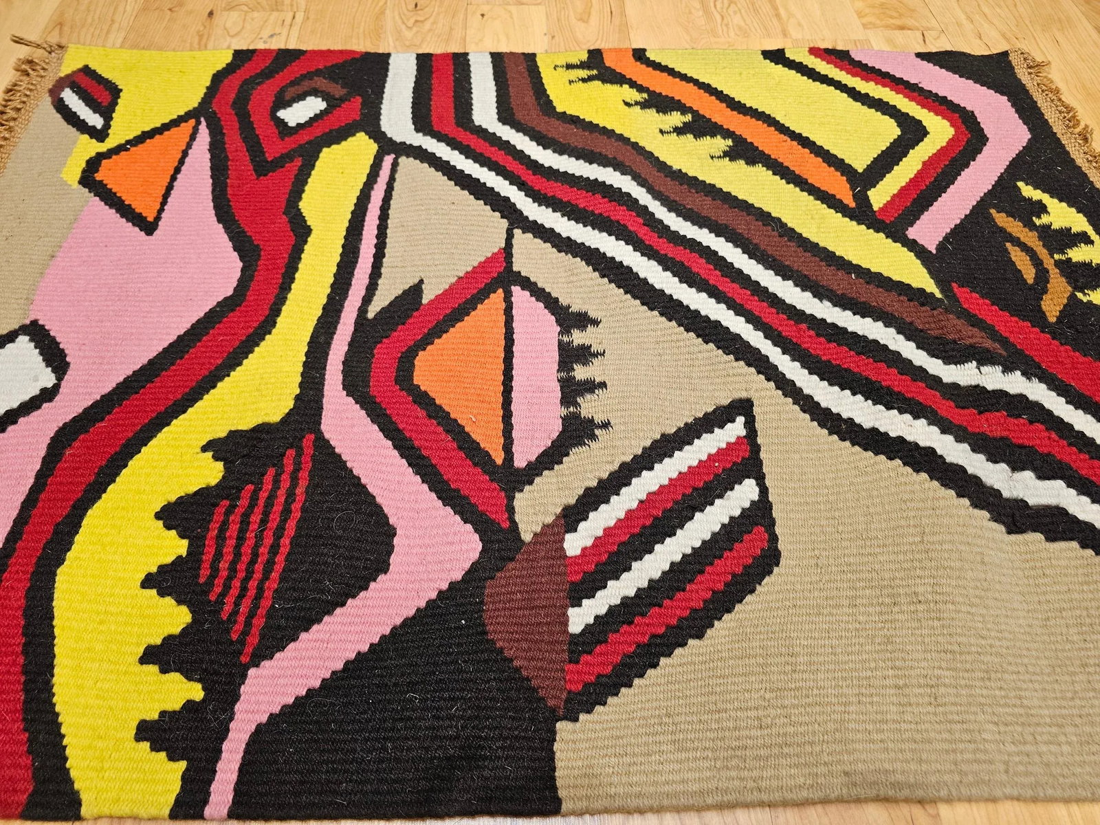 Vintage Mid-Century Modern Handwoven Tapestry, Abstract Wool Art, 32" X 45" - 3