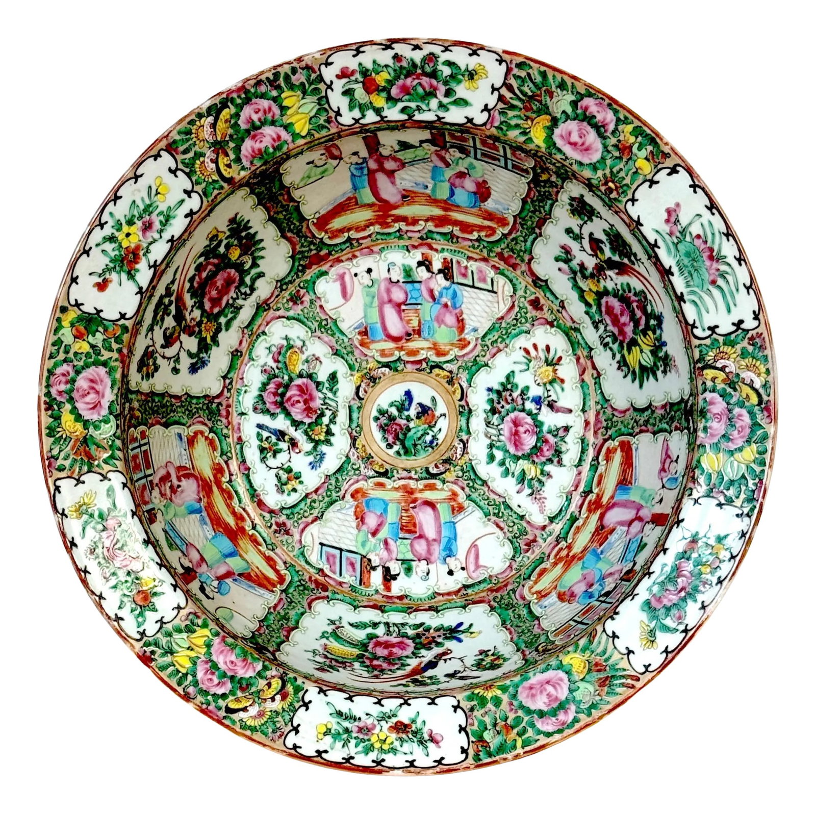 Stunning Large 19th Century Rose Medallion Rimed Bowl/Basin: Stunning Large 19th Century Rose Medallion Rimmed Bowl/Basin China, Circa 1860s This stunning, large, 19th-century Rose Medallion rimmed bowl/basin, made in China circa the 1860s, is a remarkable exam