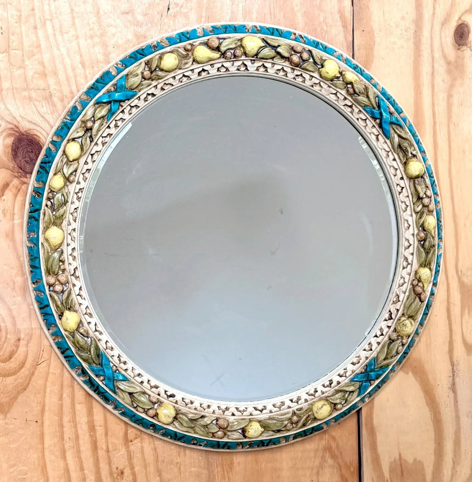 Finely Carved Round Florentine Polychromed & Gilt Lemon, Laurel Wood Mirror - 3