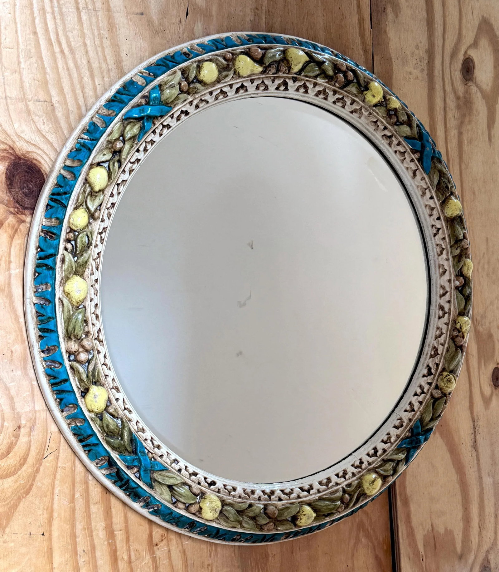 Finely Carved Round Florentine Polychromed & Gilt Lemon, Laurel Wood Mirror - 4