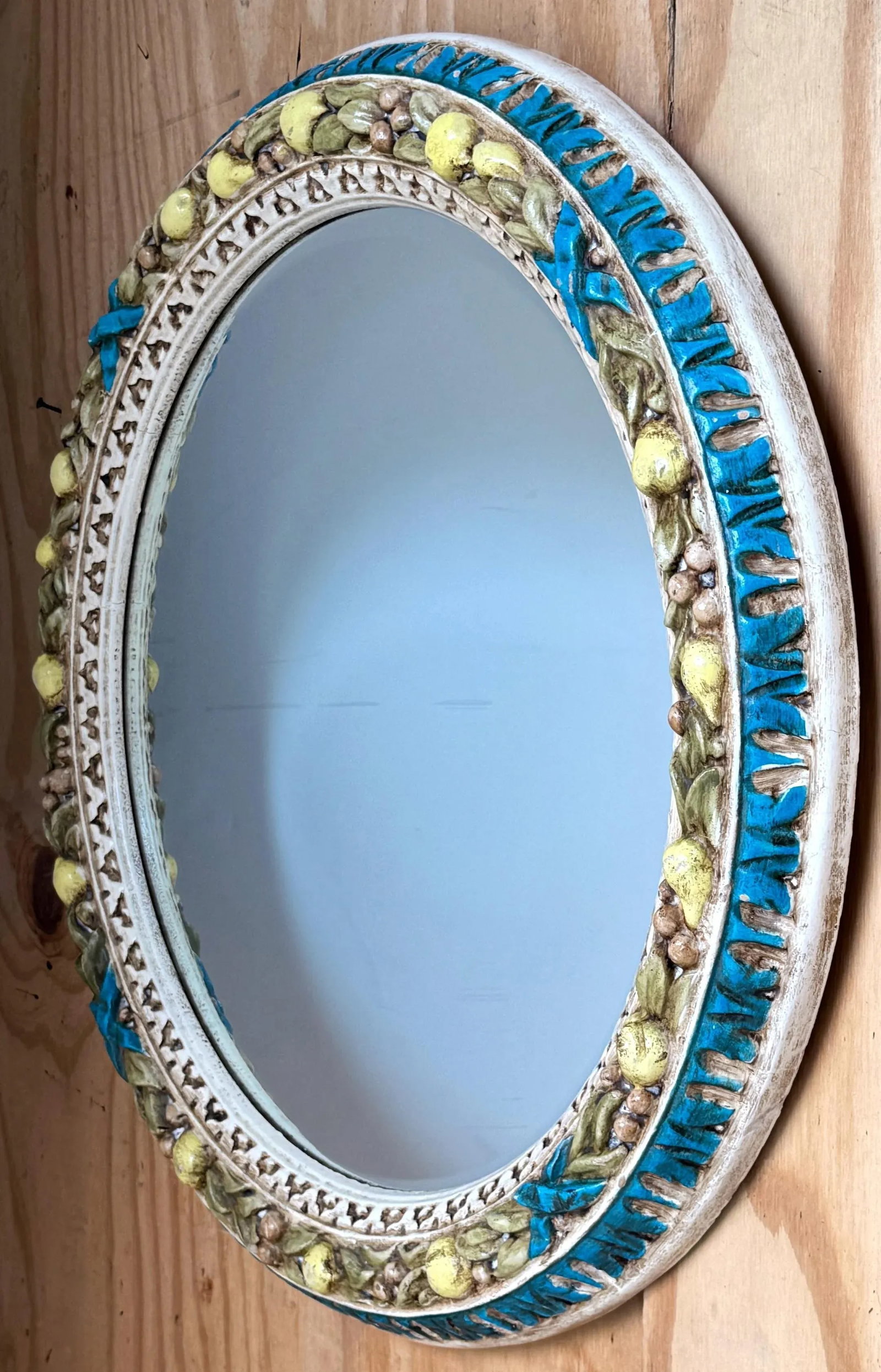 Finely Carved Round Florentine Polychromed & Gilt Lemon, Laurel Wood Mirror - 5