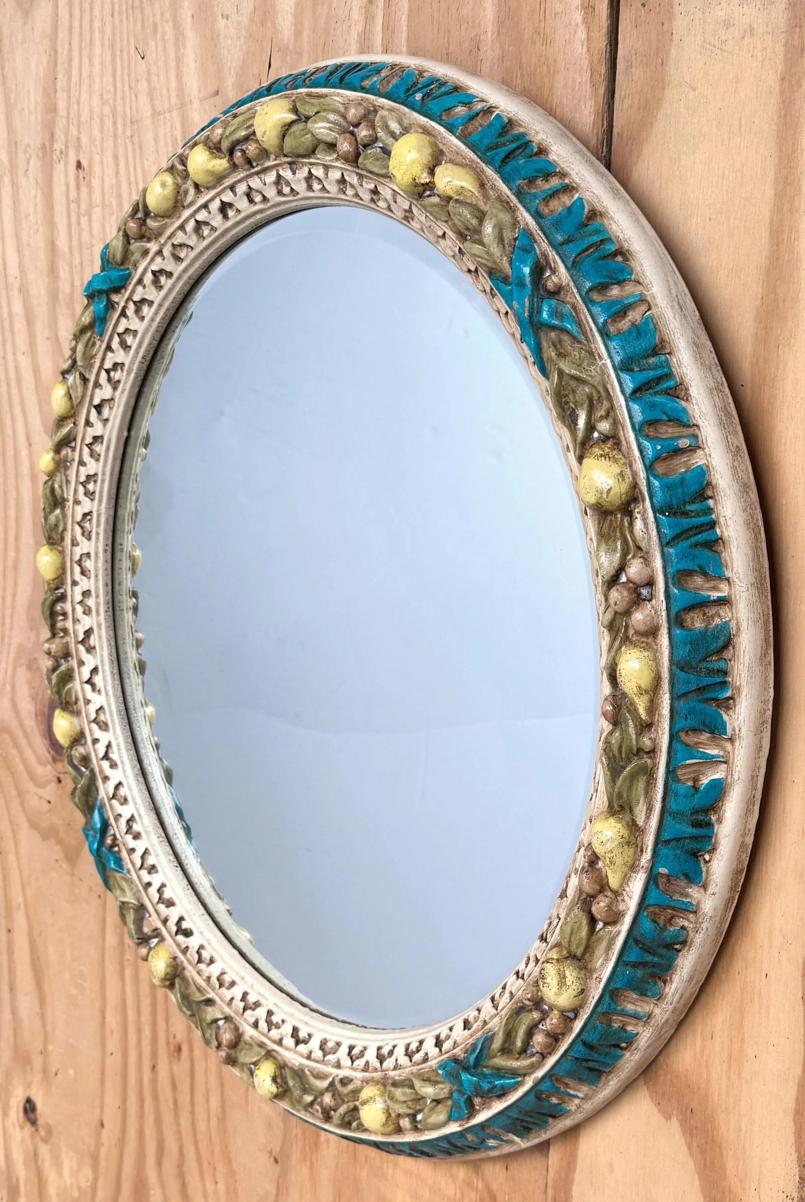 Finely Carved Round Florentine Polychromed & Gilt Lemon, Laurel Wood Mirror - 7