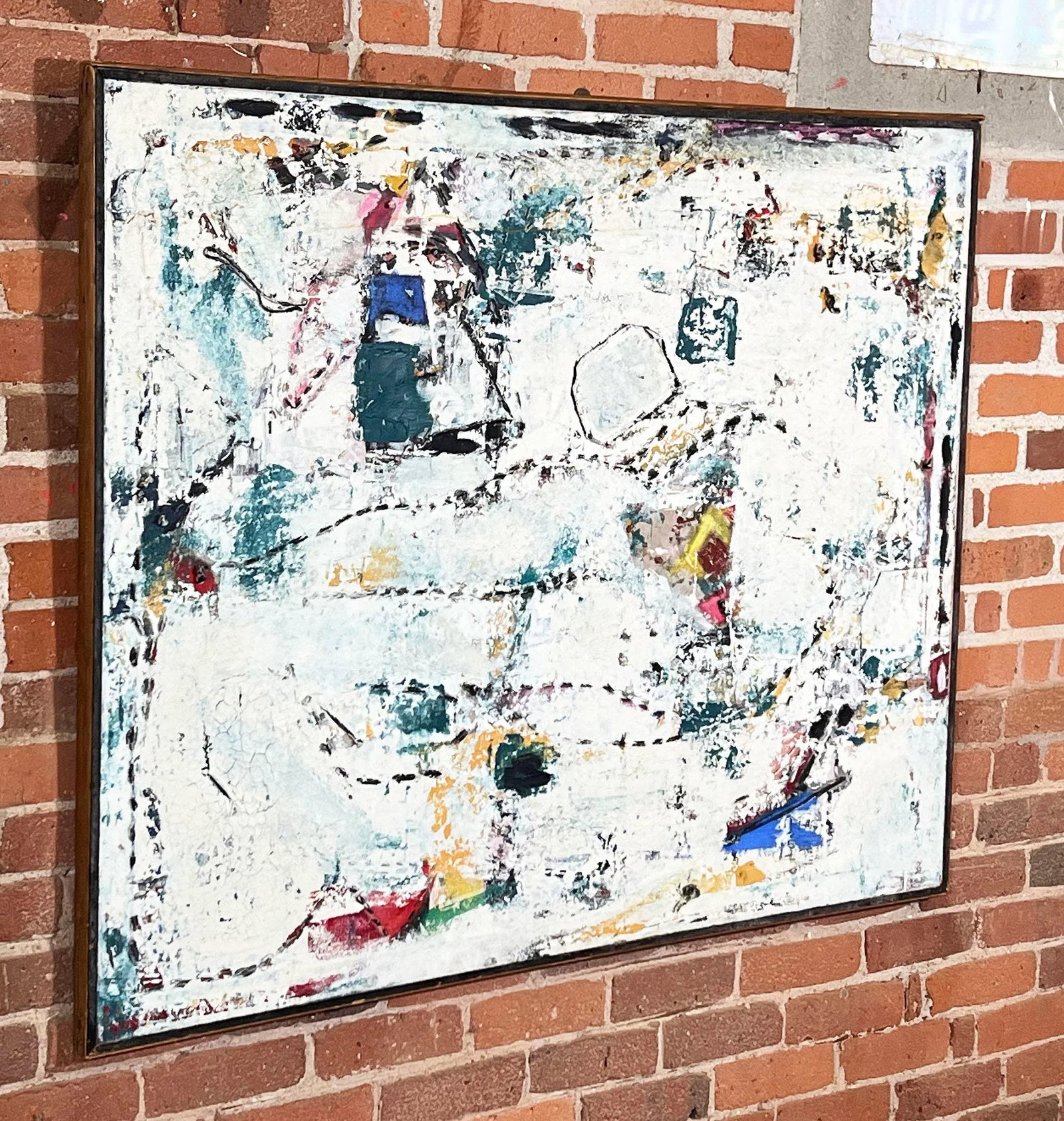 Vintage Mid Century Abstract Expressionist Painting With Mixed Media Stitching - 2