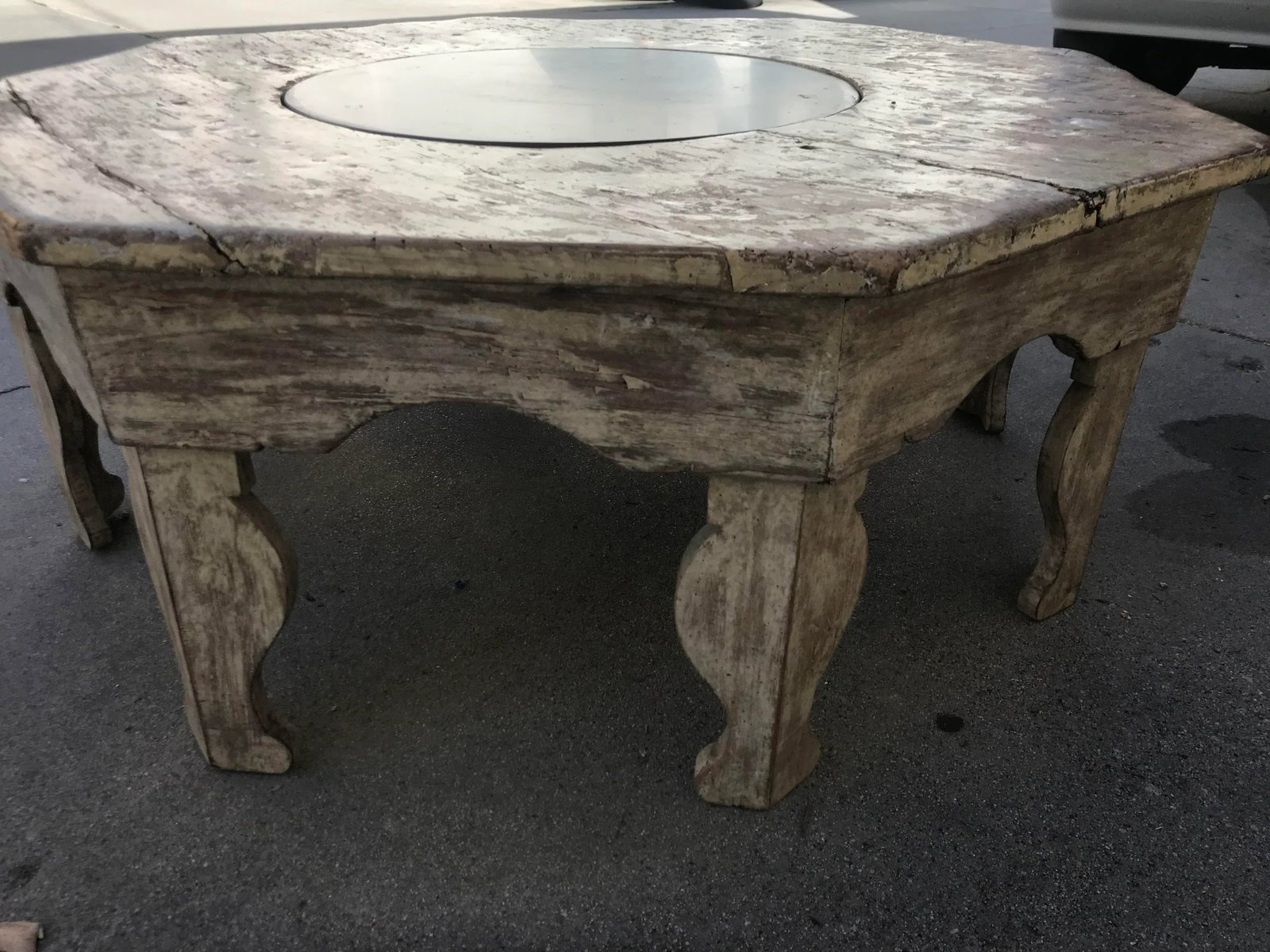 Distressed Moroccan-Style Painted Wood Octagonal Coffee Table With Removable Black Slate Insert - 10