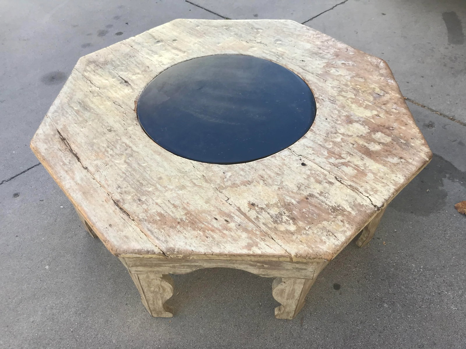 Distressed Moroccan-Style Painted Wood Octagonal Coffee Table With Removable Black Slate Insert - 12