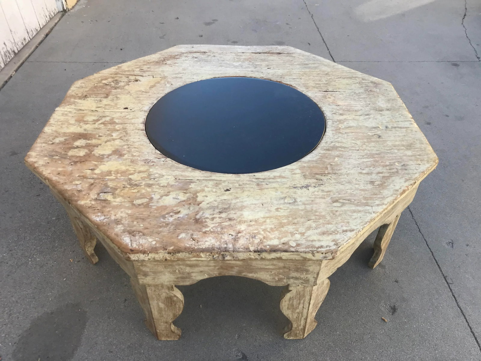 Distressed Moroccan-Style Painted Wood Octagonal Coffee Table With Removable Black Slate Insert - 13