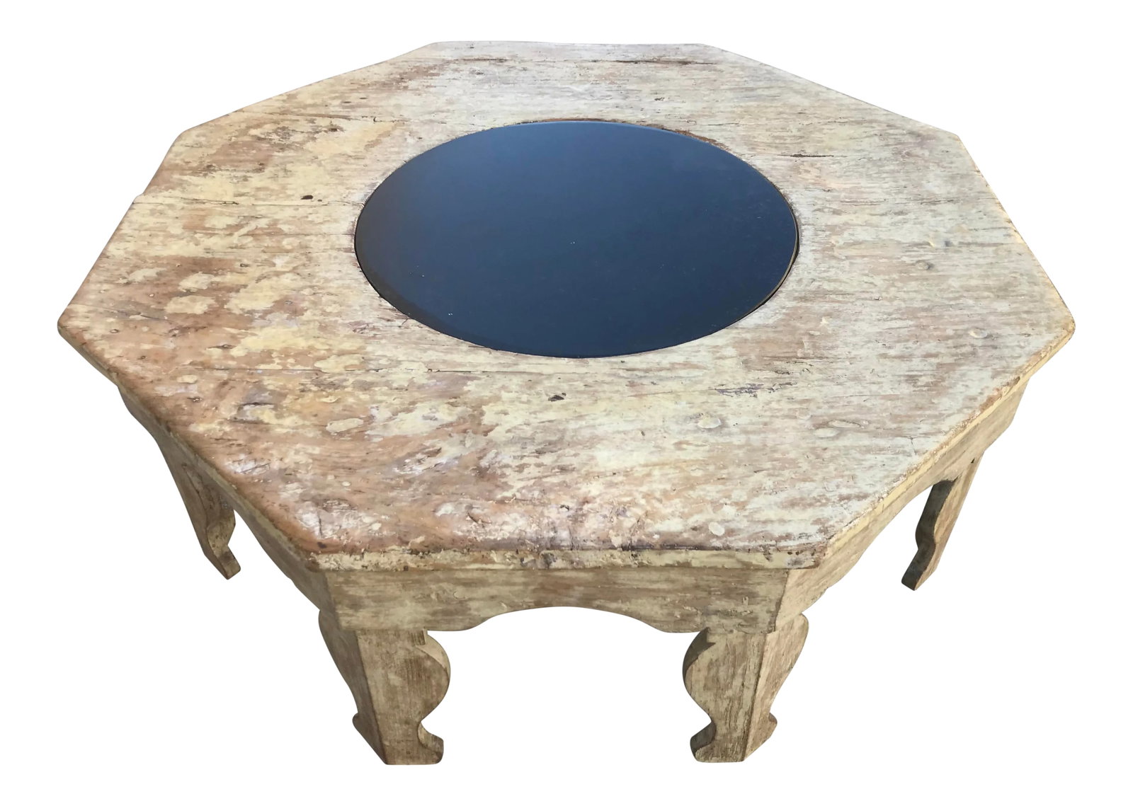 Distressed Moroccan-Style Painted Wood Octagonal Coffee Table With Removable Black Slate Insert: This stunning Moroccan-inspired octagonal coffee table features richly distressed, reclaimed wood finished in a beautiful cream and beige paint with wonderful color variation and a natural aged