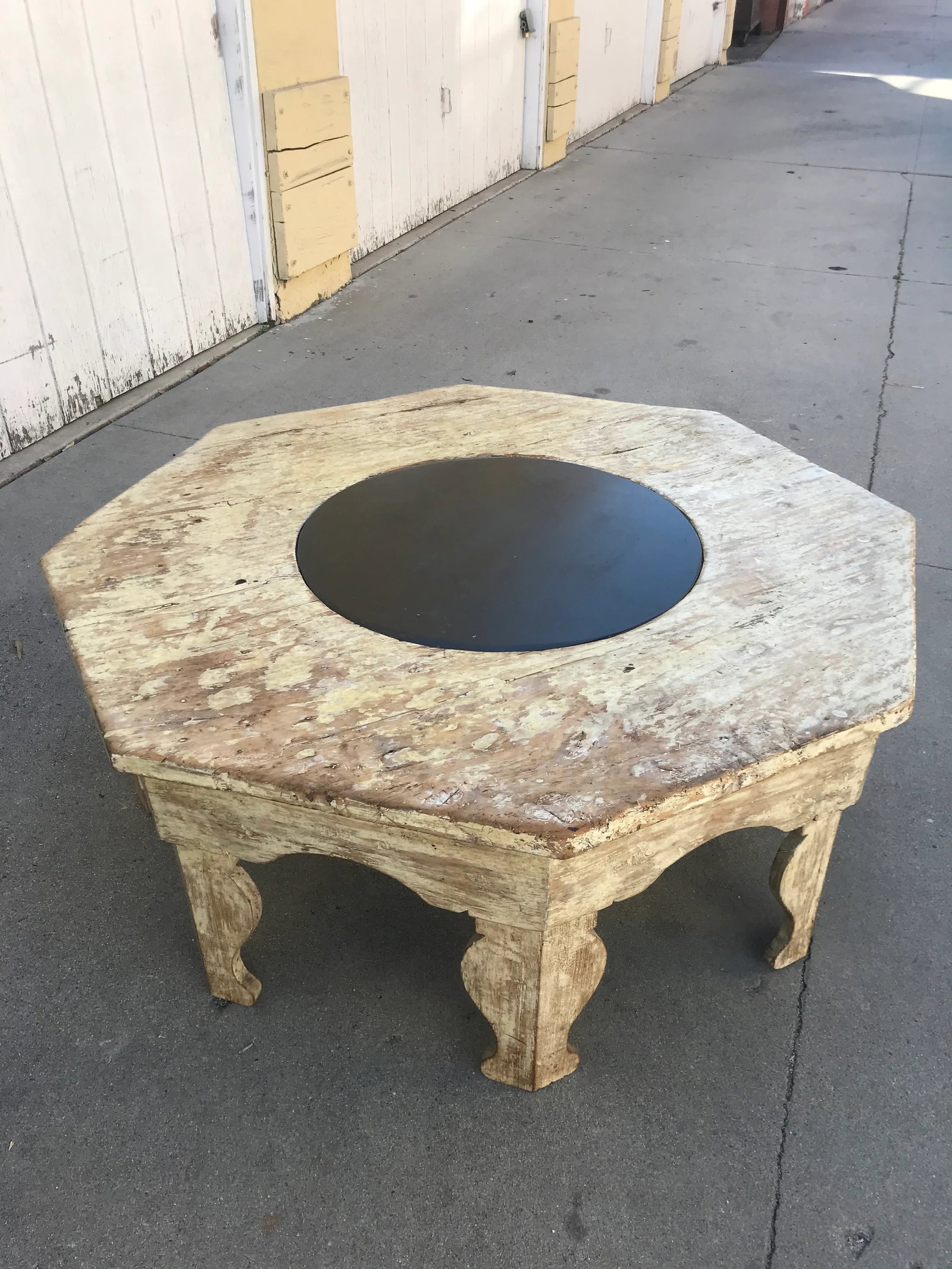 Distressed Moroccan-Style Painted Wood Octagonal Coffee Table With Removable Black Slate Insert - 2