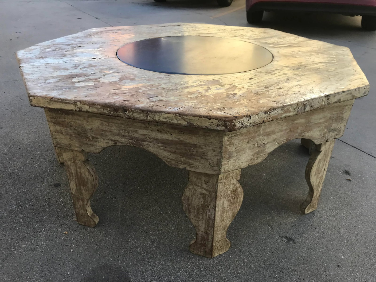 Distressed Moroccan-Style Painted Wood Octagonal Coffee Table With Removable Black Slate Insert - 3