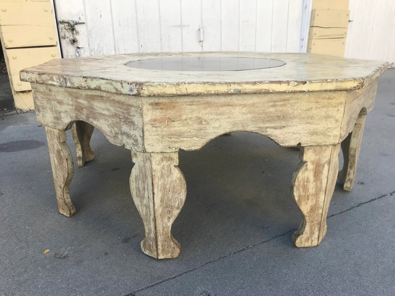 Distressed Moroccan-Style Painted Wood Octagonal Coffee Table With Removable Black Slate Insert - 9