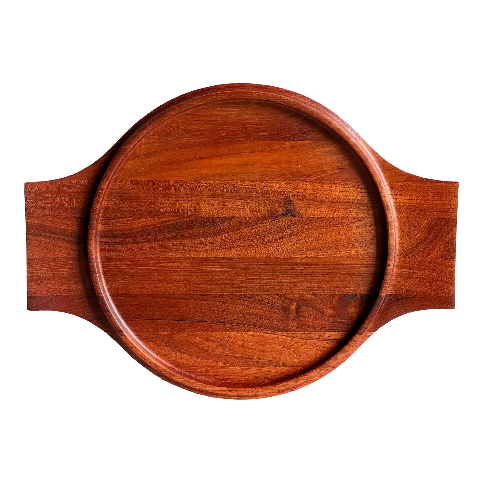 Vintage 21" Danish Modern Teak Cocktail Serving Tray by Jens Quistgaard for Dansk: Beautifully crafted mid century modern teak serving tray with a round recessed platter and sculpted handles, designed by the famed Jens H. Quistgaard for Dansk of Denmark. Beautiful solid teak