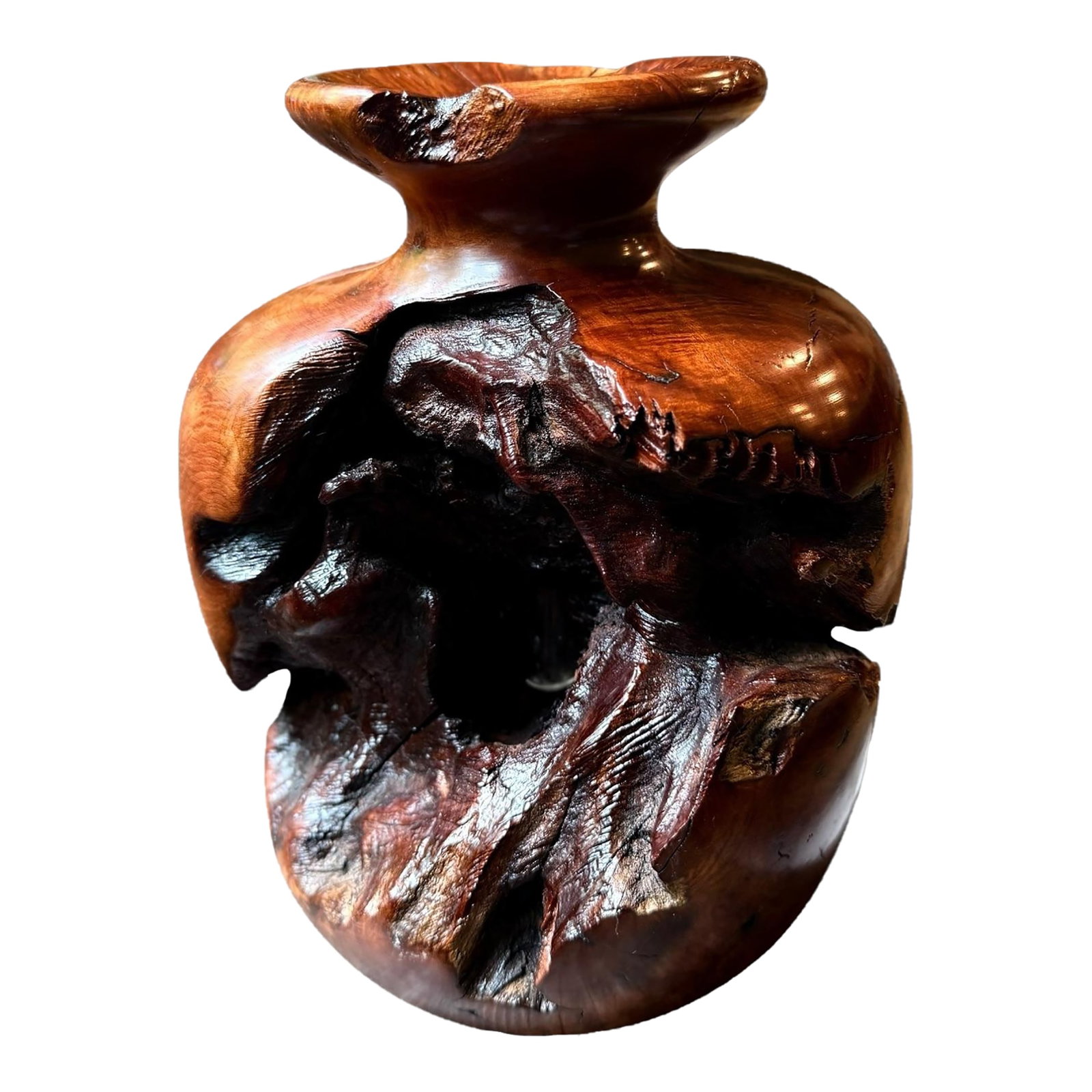 Vintage Large Burlwood Hand Turned Brutalist Art Vase: An oddity of nature in the hands of an extremely skilled artisan has resulted in this unique piece of vintage art. Created from a very large tree burl, identified as Ambonya wood, the piece is an