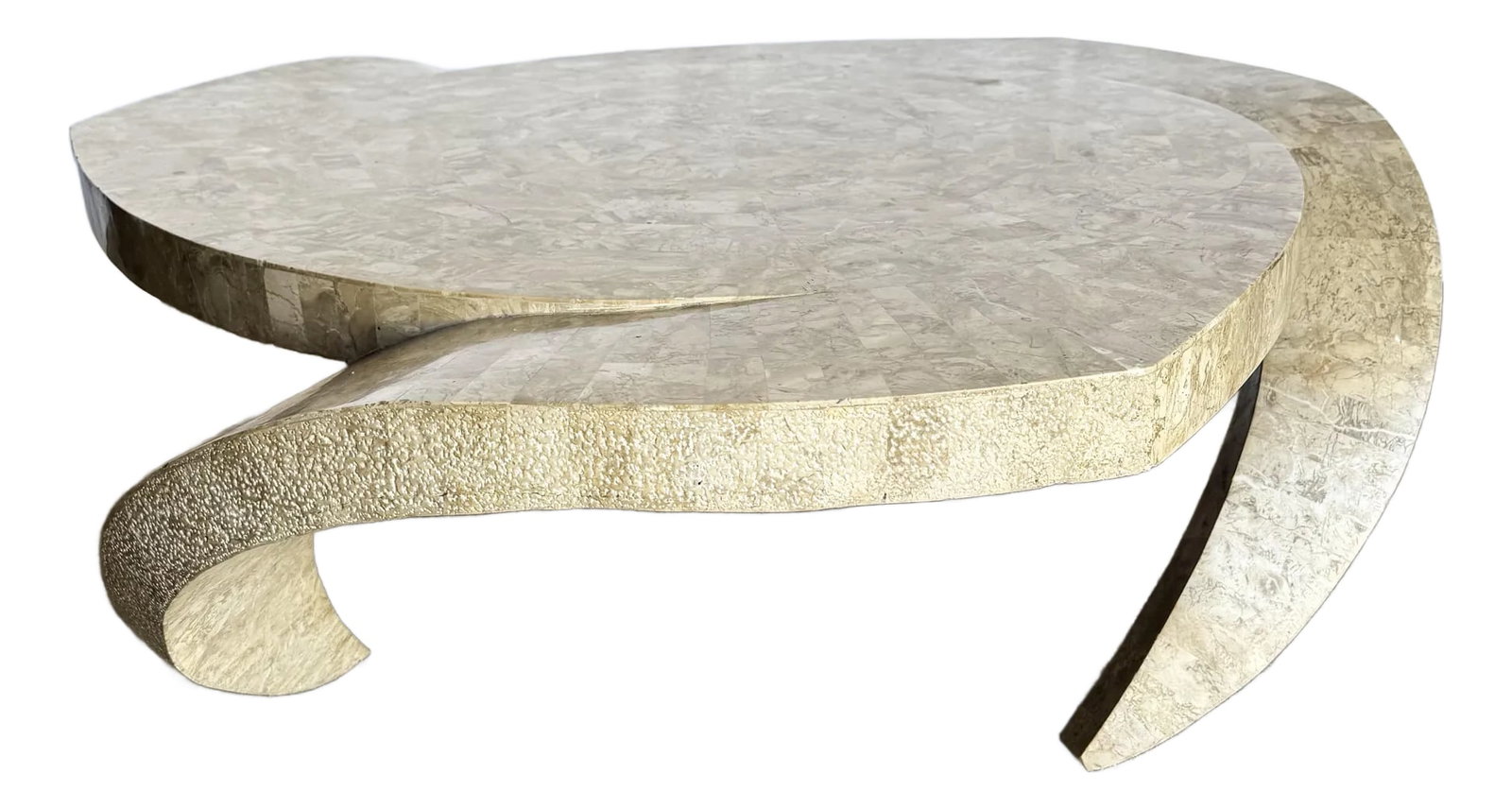 Postmodern Maitland Smith Style Sculpted Circular Polished Tessellated Stone Coffee Table: A breathtaking celebration of sculptural design, this postmodern coffee table channels the glamour and whimsy of 1980s coastal interiors. Crafted in the style of Maitland Smith, it features a biomorph