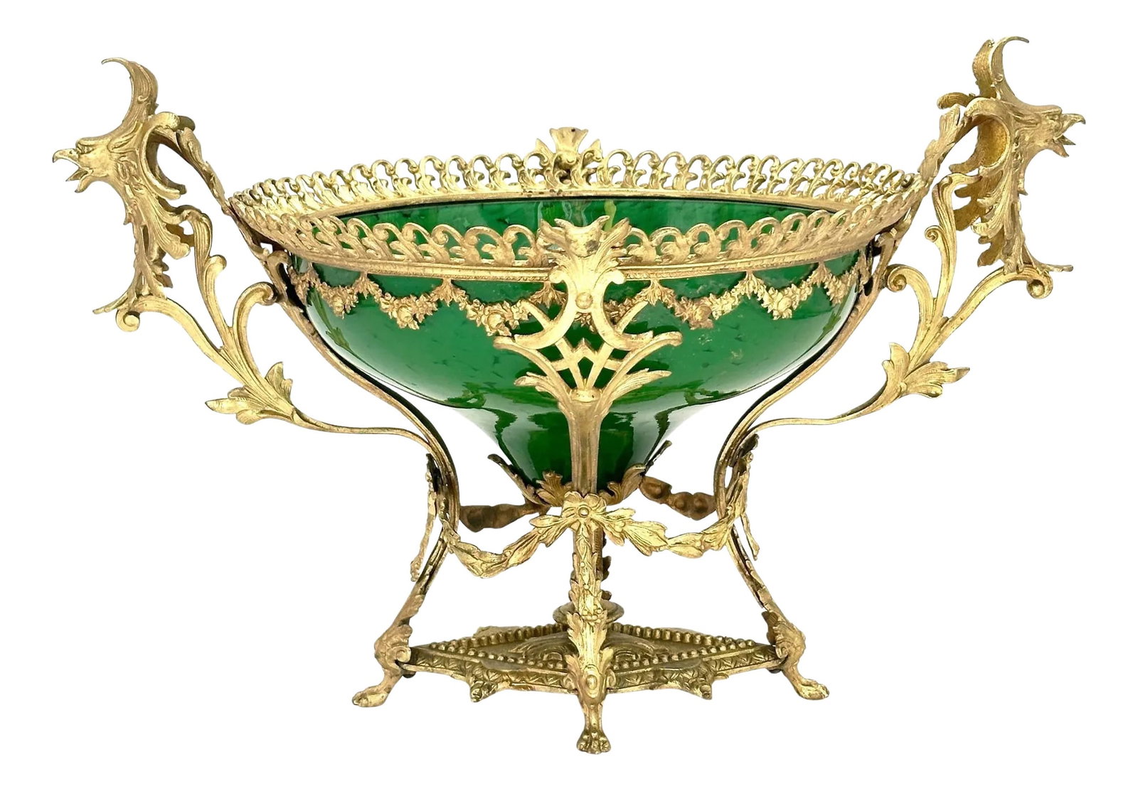 Belle Époque Ormolu-Mounted Loetz Style Art Glass Centerpiece, circa 1890: Belle Époque Ormolu-Mounted Loetz-Style Art Glass Centerpiece, circa 1890 A striking Belle Époque centerpiece bowl featuring a vivid green marbled art glass insert in the style of Loetz, dra