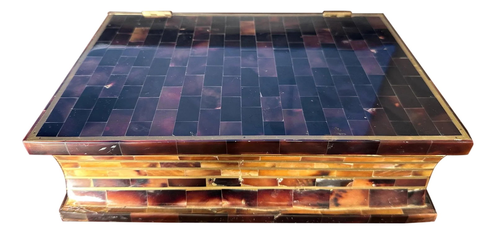 Tessellated Horn Jewelry Box: Tessellated polished horn and brass jewelry box in a form of a book by Maitland Smith Condition: Alterations: Unknown Imperfections: Some Imperfections Condition Notes: Good Wear consistent with age