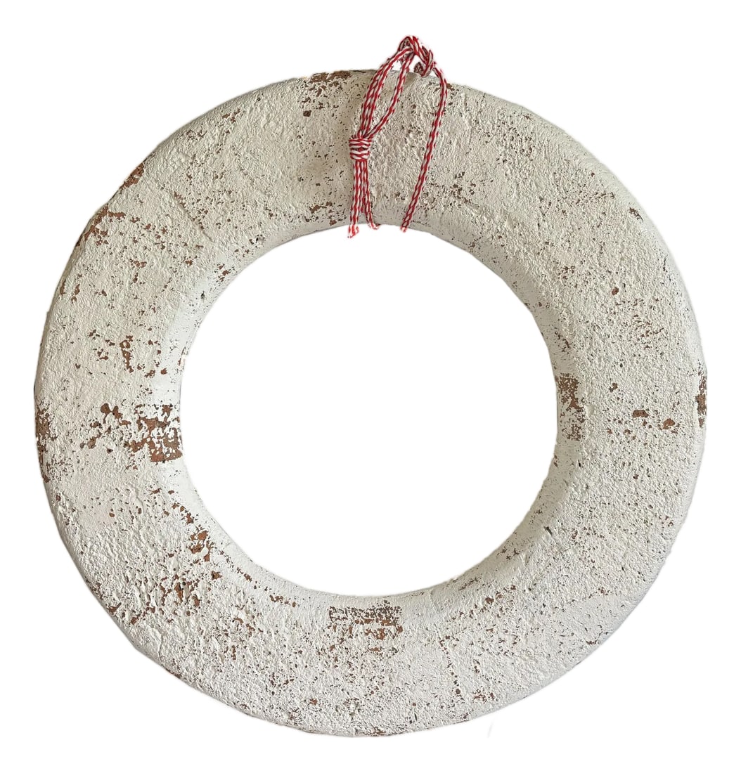 1920s Antique Cork Life Preserver Ring, Coastal Beach House Decor: This distressed antique white painted life preserver is a great accent piece for a coastal beach decor in an oceanfront home or cabin getaway. The life preserver is made of cork with plenty of