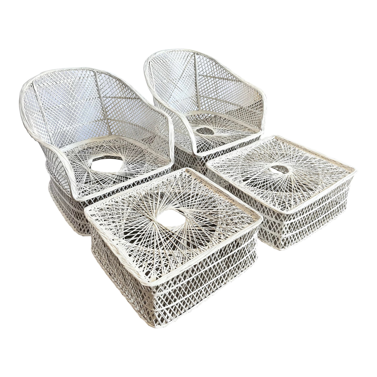 Mid Century Modern Spun Fiberglass Lounge Chairs With Ottomans - 4 Pieces: This striking mid-century modern set includes two spun fiberglass lounge chairs and matching ottomans, designed with an airy geometric weave that embodies 1960s sculptural style. Painted in crisp whit