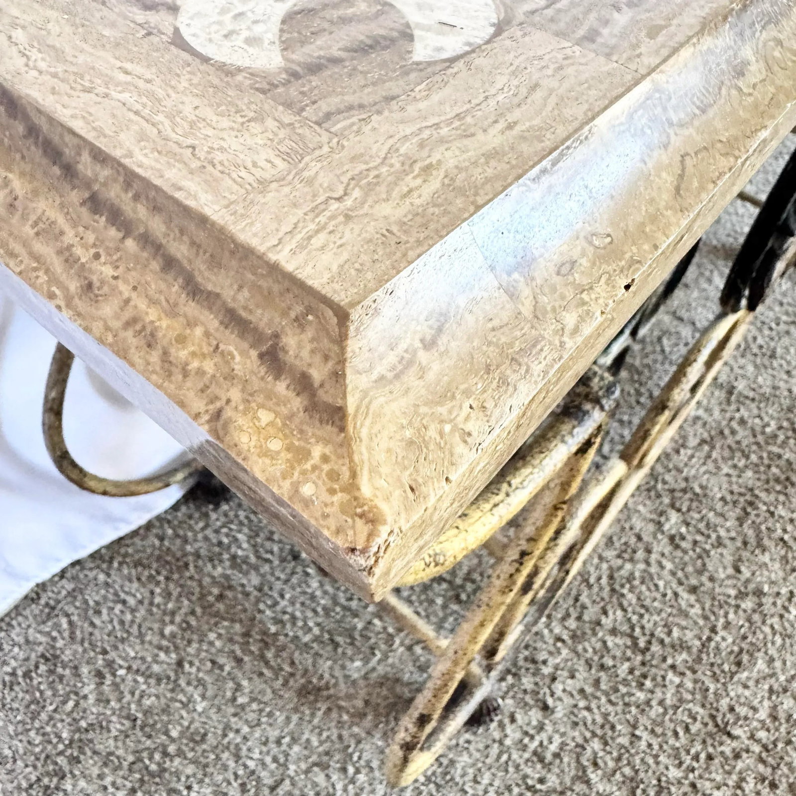 Vintage Wrought Iron Console Table With Tessellated Stone Top and Wine Rack - 10