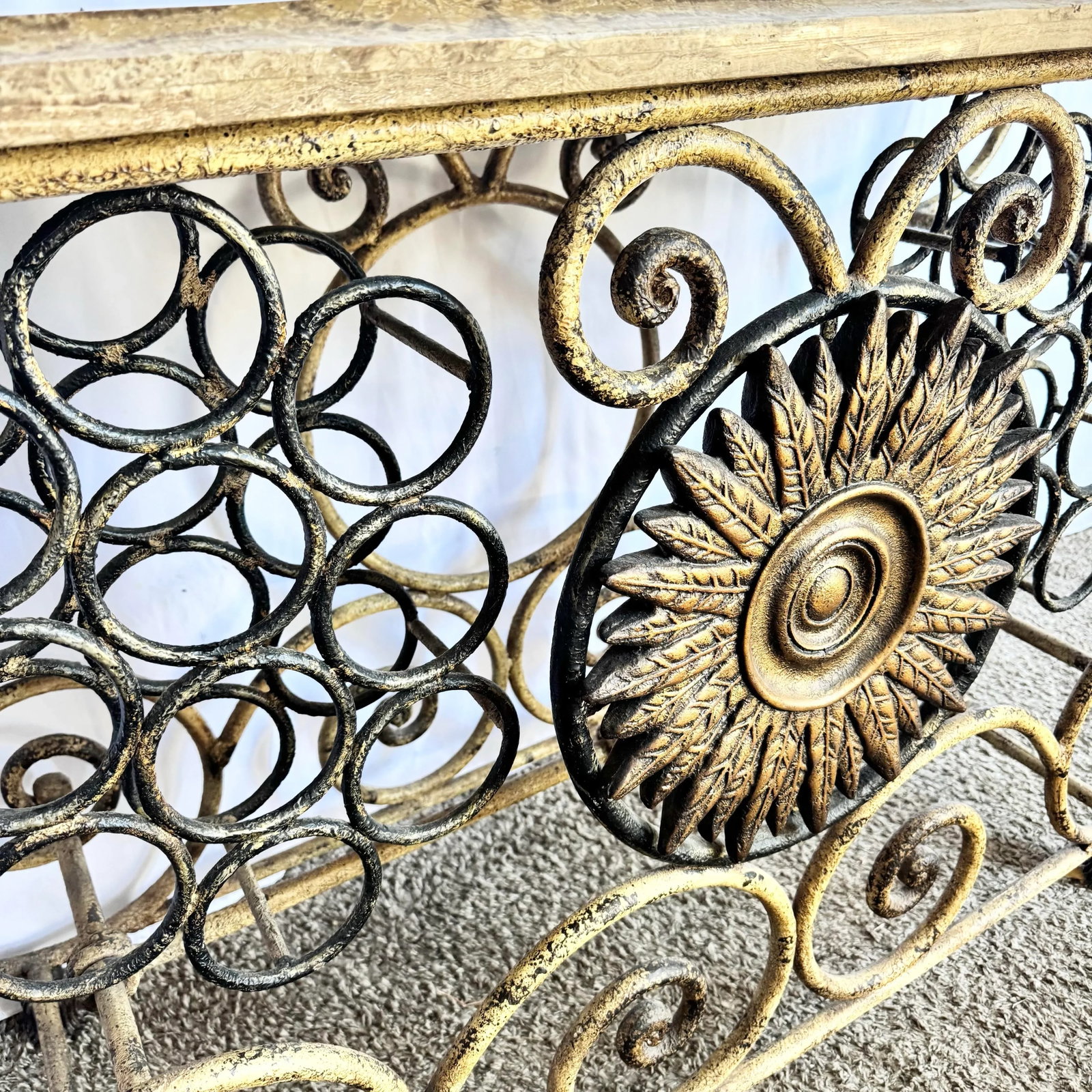 Vintage Wrought Iron Console Table With Tessellated Stone Top and Wine Rack - 5