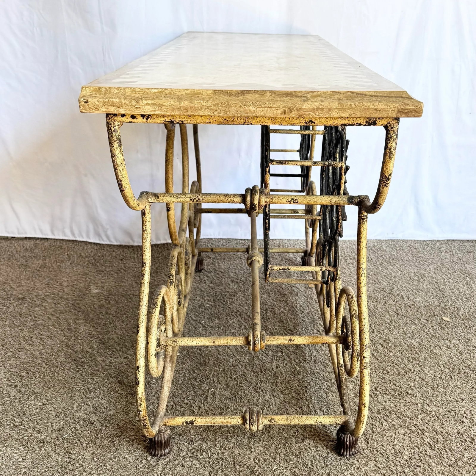 Vintage Wrought Iron Console Table With Tessellated Stone Top and Wine Rack - 6