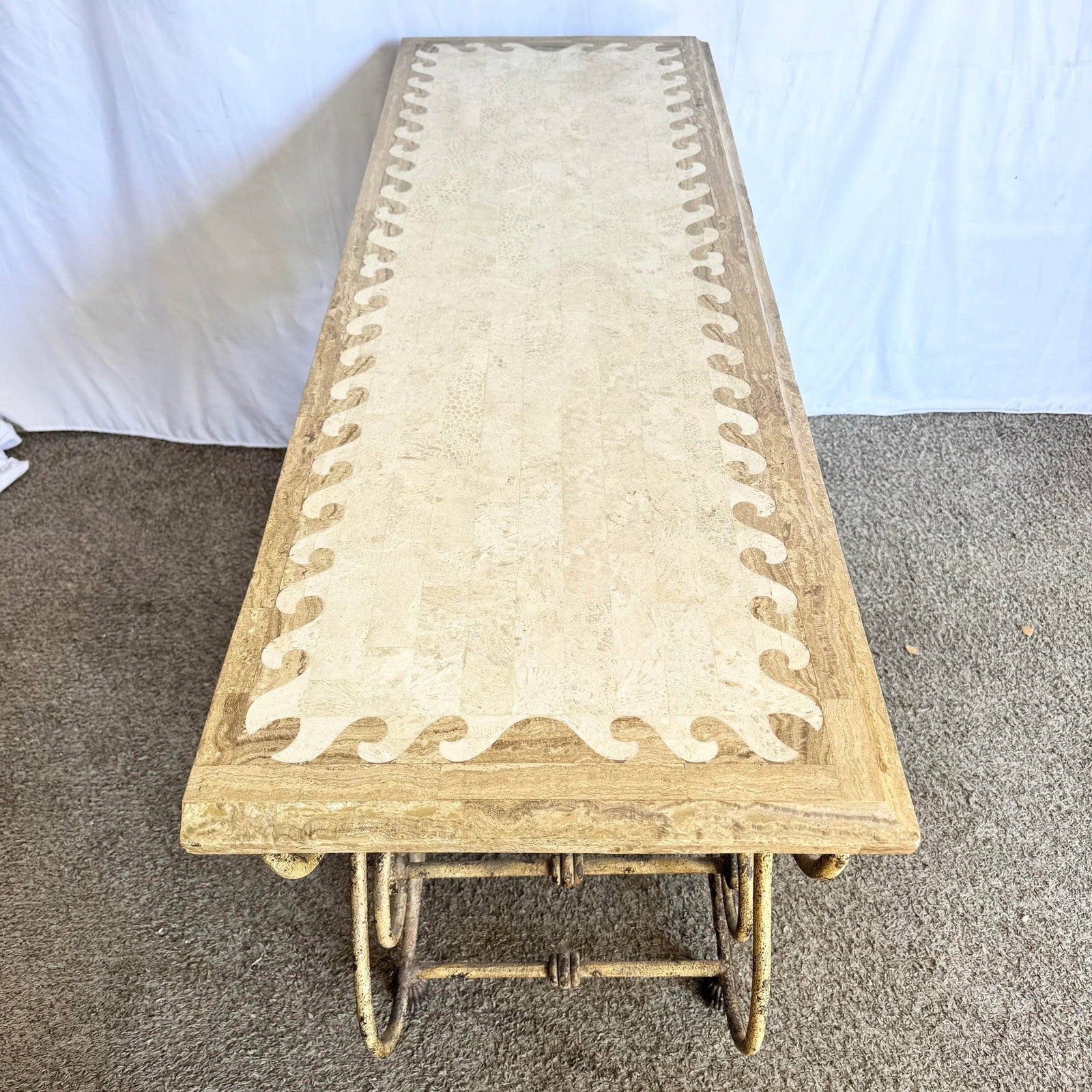 Vintage Wrought Iron Console Table With Tessellated Stone Top and Wine Rack - 8