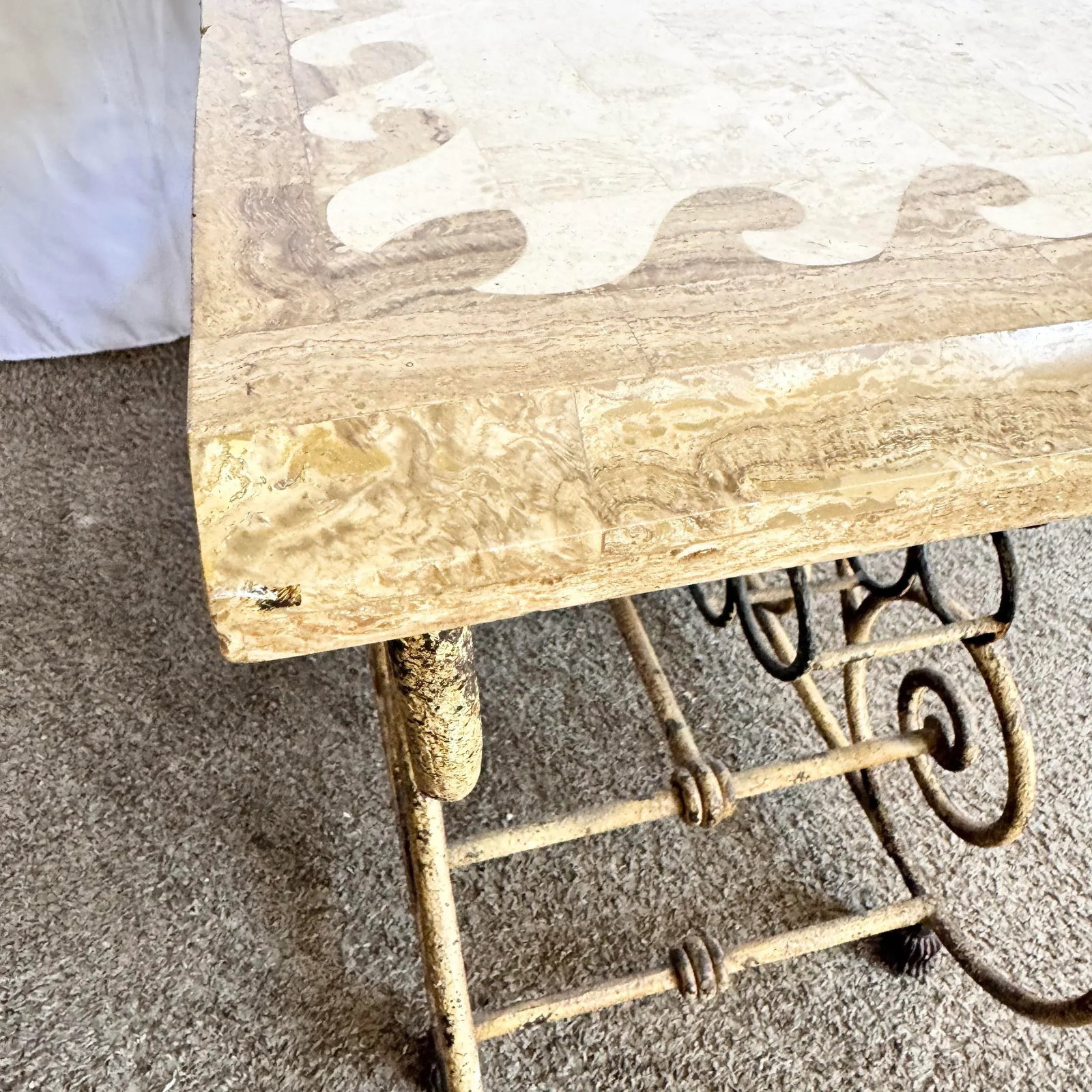 Vintage Wrought Iron Console Table With Tessellated Stone Top and Wine Rack - 9