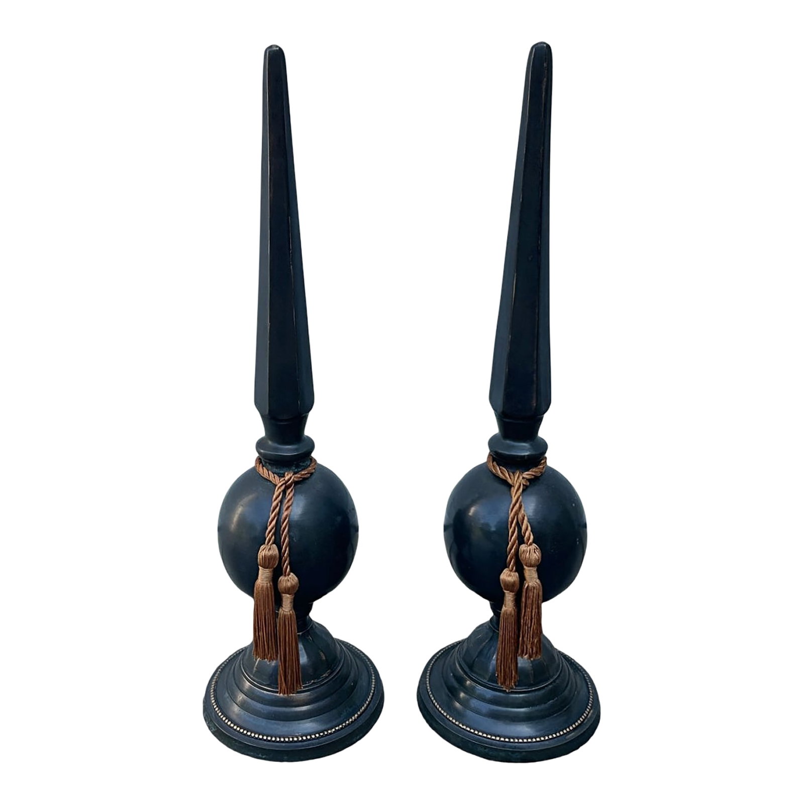 Pair of Tall Antique Neoclassical Patinated Bronze Obelisks: Pair of Tall Antique Neoclassical Patinated Bronze Obelisks Beautiful pair of old spire shaped bronze obelisks with silk tassels. Perfect for a fireplace mantle to add a touch of class and old world