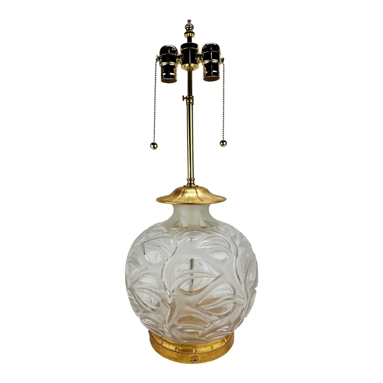 Rene Lalique "Sophora" Frosted and Clear Glass Table Lamp With Gilt Mounts C 1930: A fine Art Deco frosted and clear molded glass table lamp in the "Sophora" pattern by René Lalique (French, 1860–1945), the baluster form body molded with stylized foliage in deep relief, a