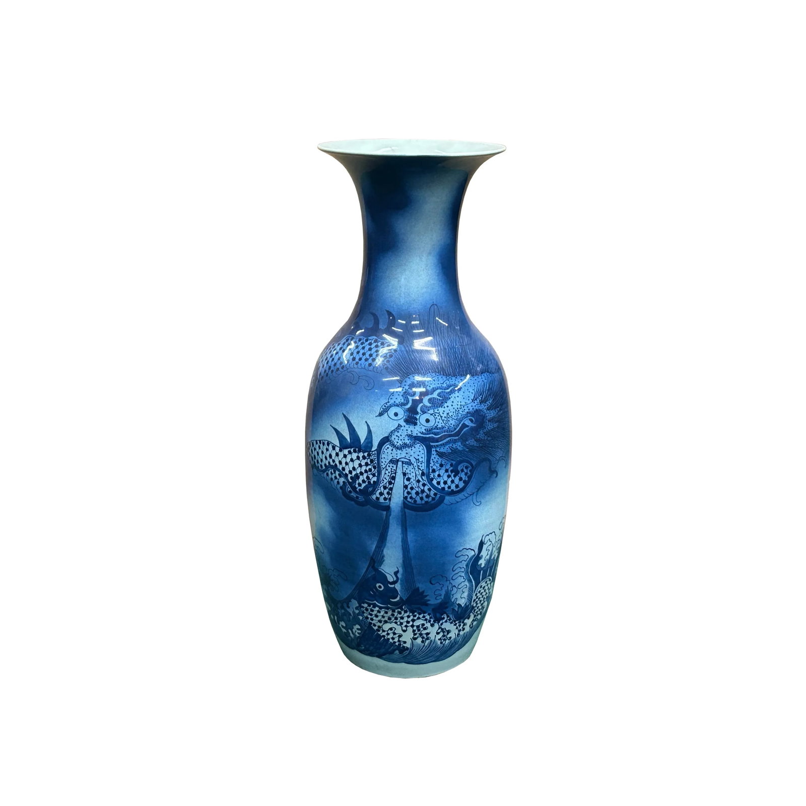 Pair Deep Blue Dragon Koi Fish Graphic Tall Porcelain Art Vases - 12