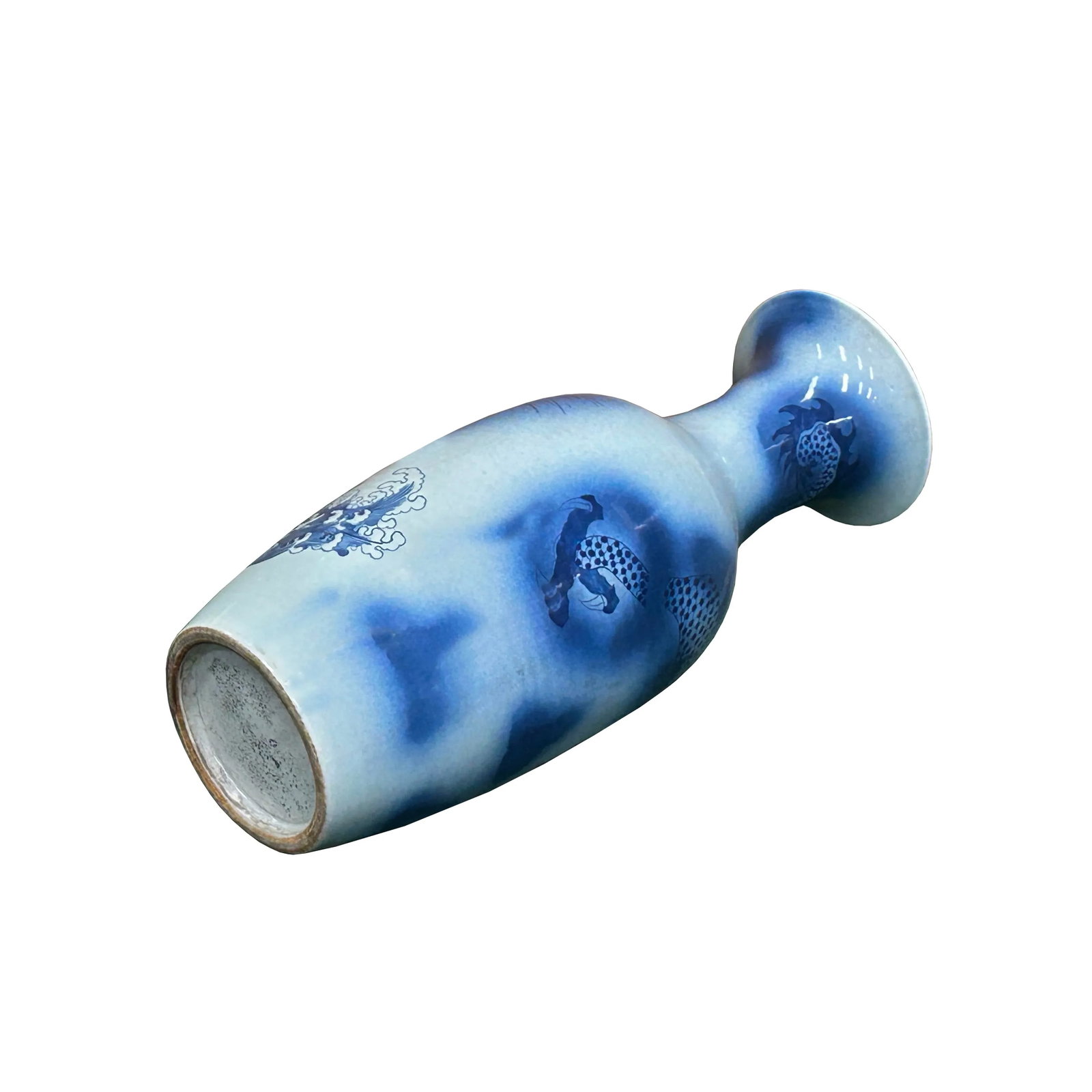 Pair Deep Blue Dragon Koi Fish Graphic Tall Porcelain Art Vases - 13
