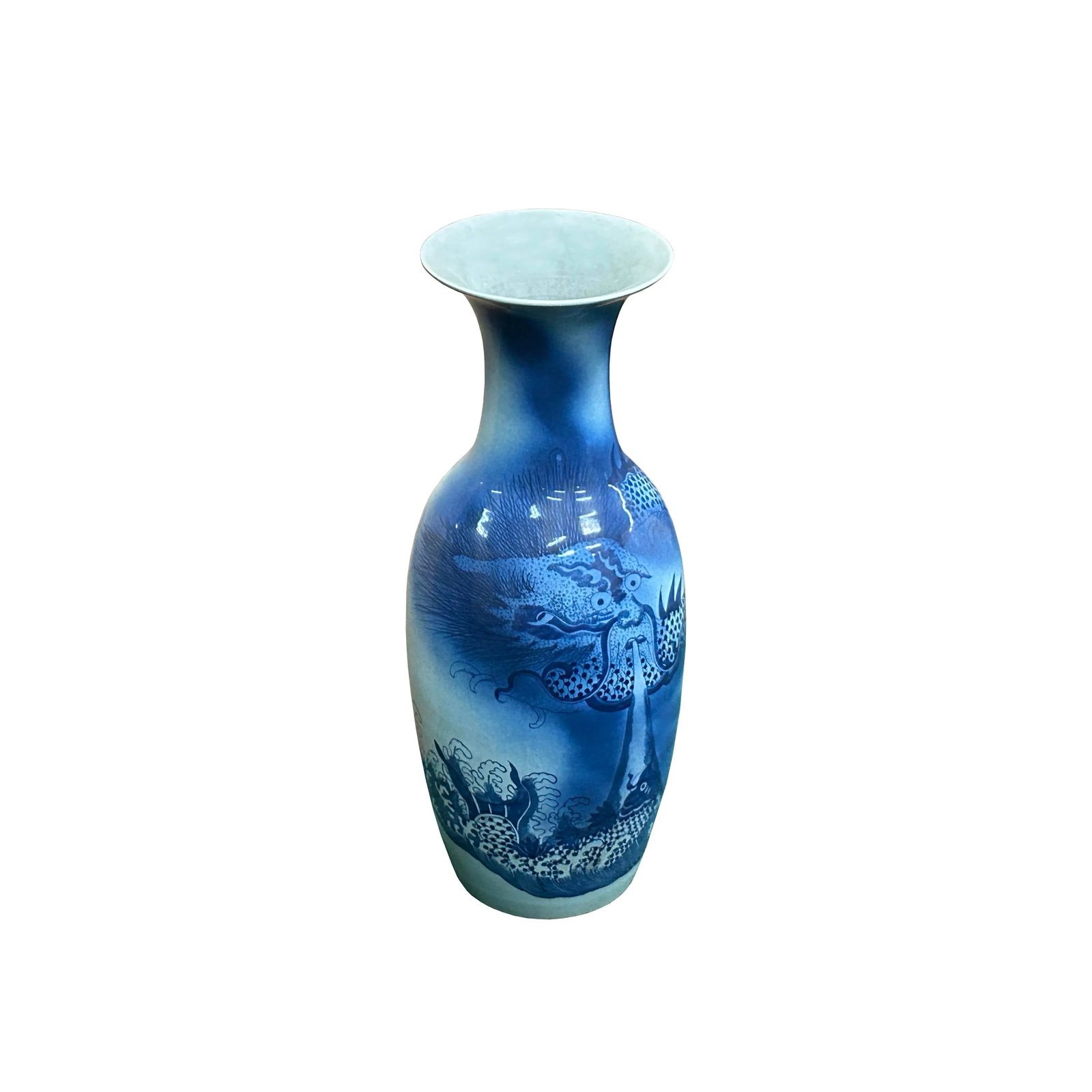 Pair Deep Blue Dragon Koi Fish Graphic Tall Porcelain Art Vases - 5