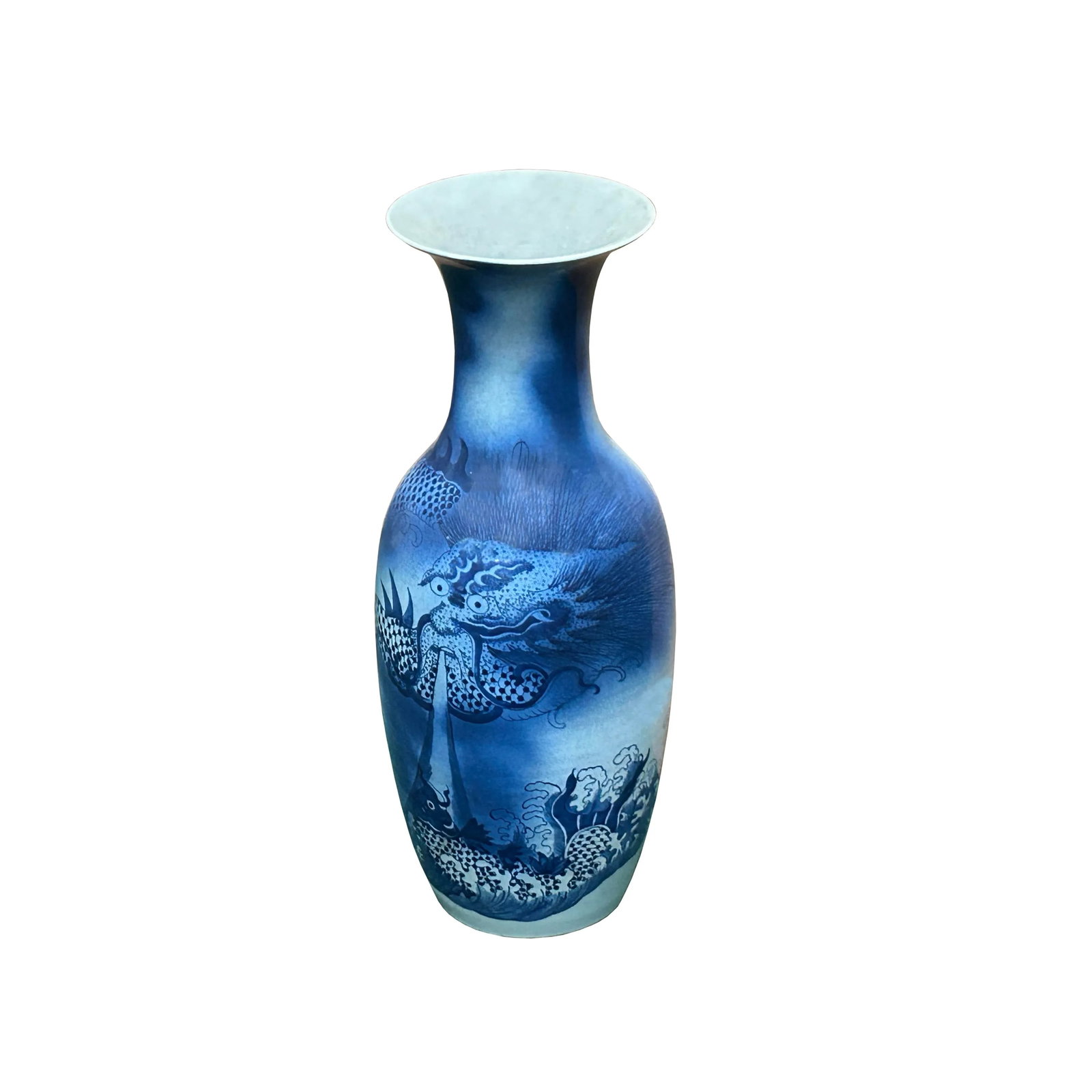 Pair Deep Blue Dragon Koi Fish Graphic Tall Porcelain Art Vases - 8
