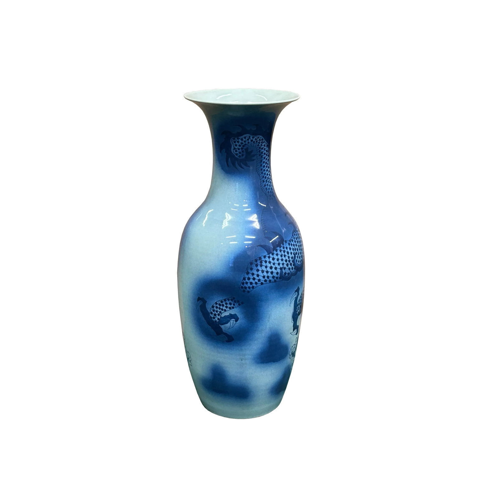 Pair Deep Blue Dragon Koi Fish Graphic Tall Porcelain Art Vases - 9